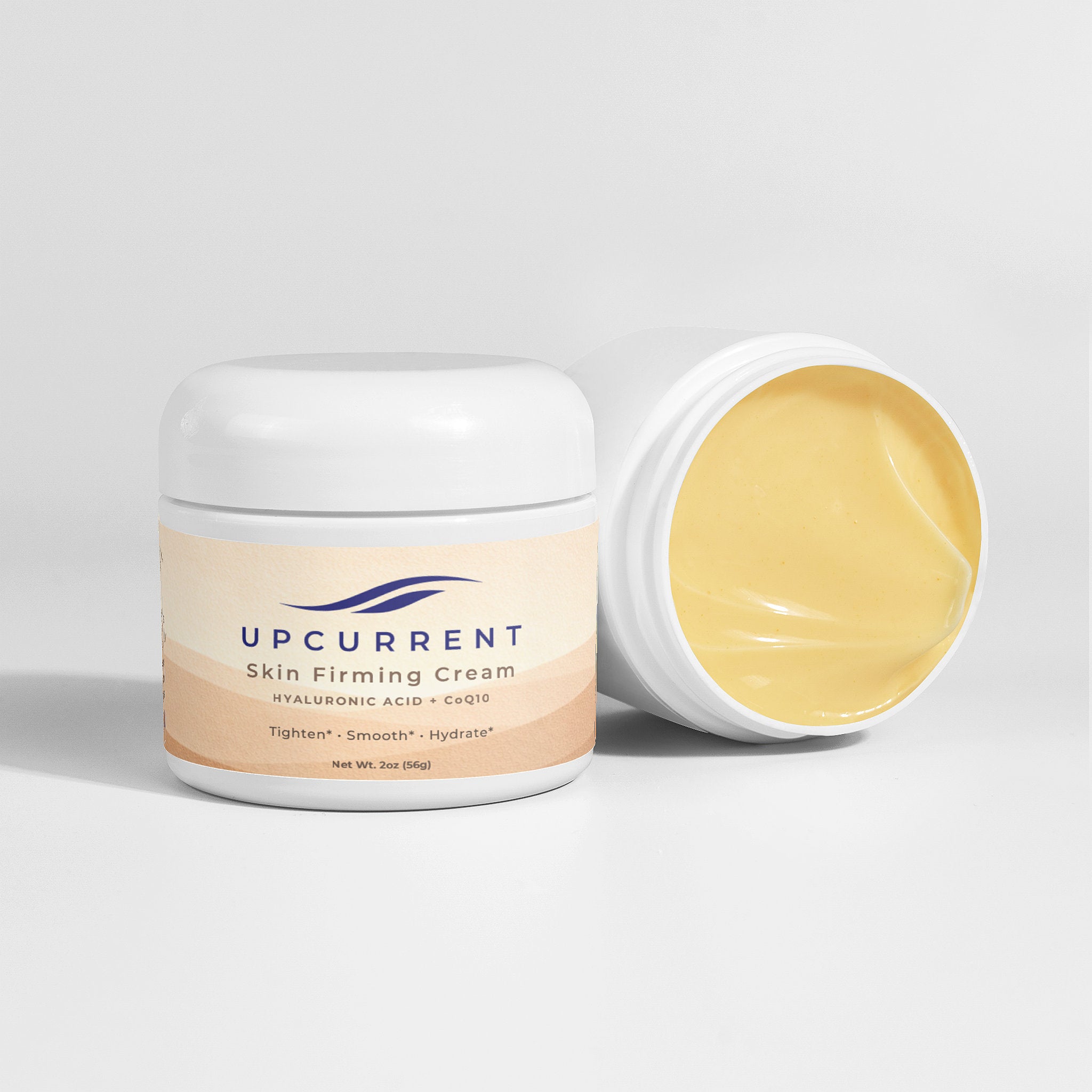 Upcurrent Skin Firming Cream jar with open lid on a light gray background