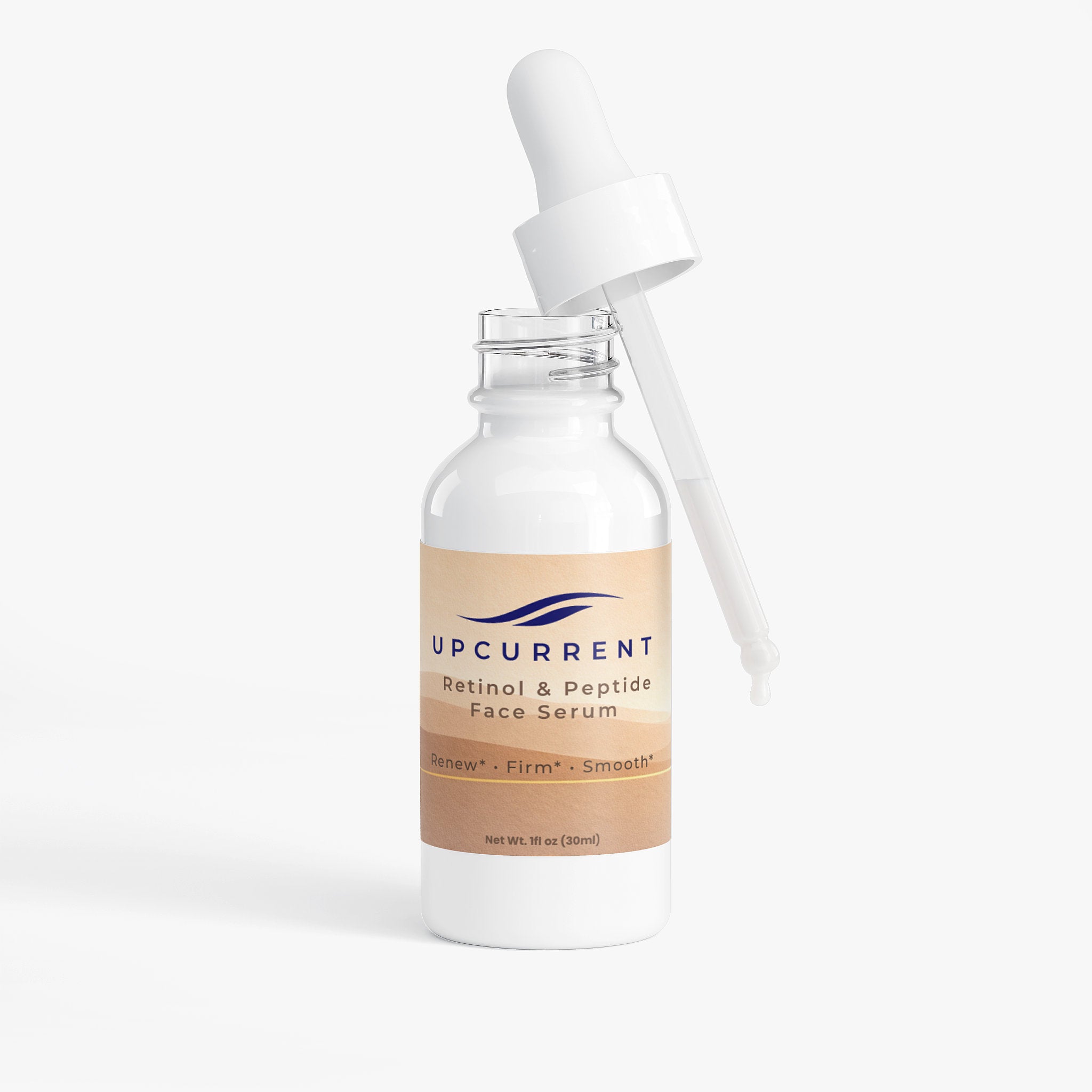 Upcurrent face serum bottle with dropper on a white background