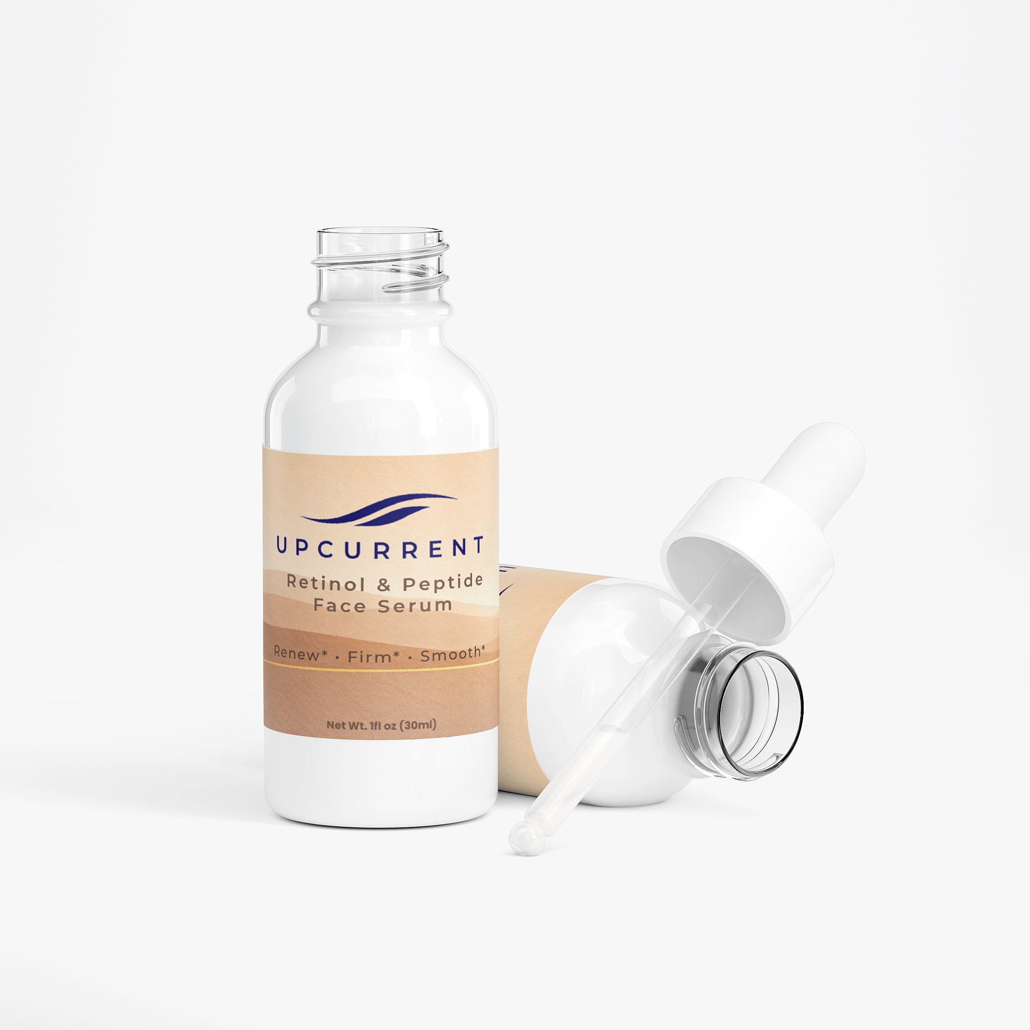 Upcurrent Retinol & Peptide Face Serum bottle with dropper on a white background