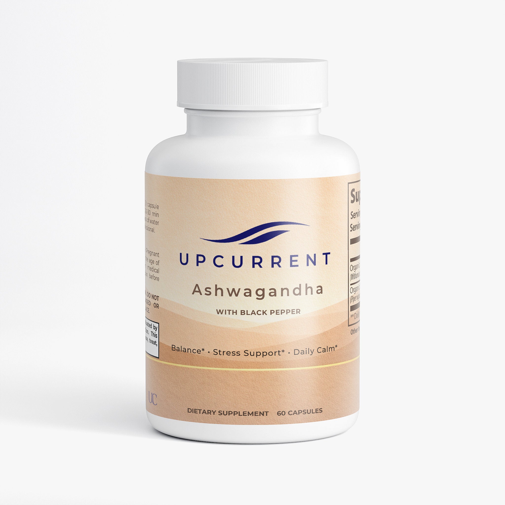 Supplement bottle labeled 'Upcurrent Ashwagandha' on a white background
