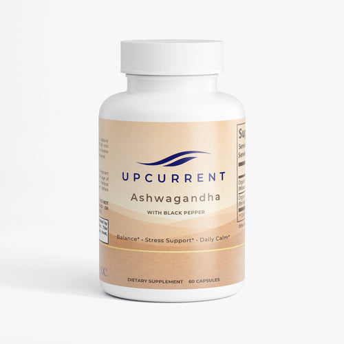 Supplement bottle labeled 'Upcurrent Ashwagandha' on a white background