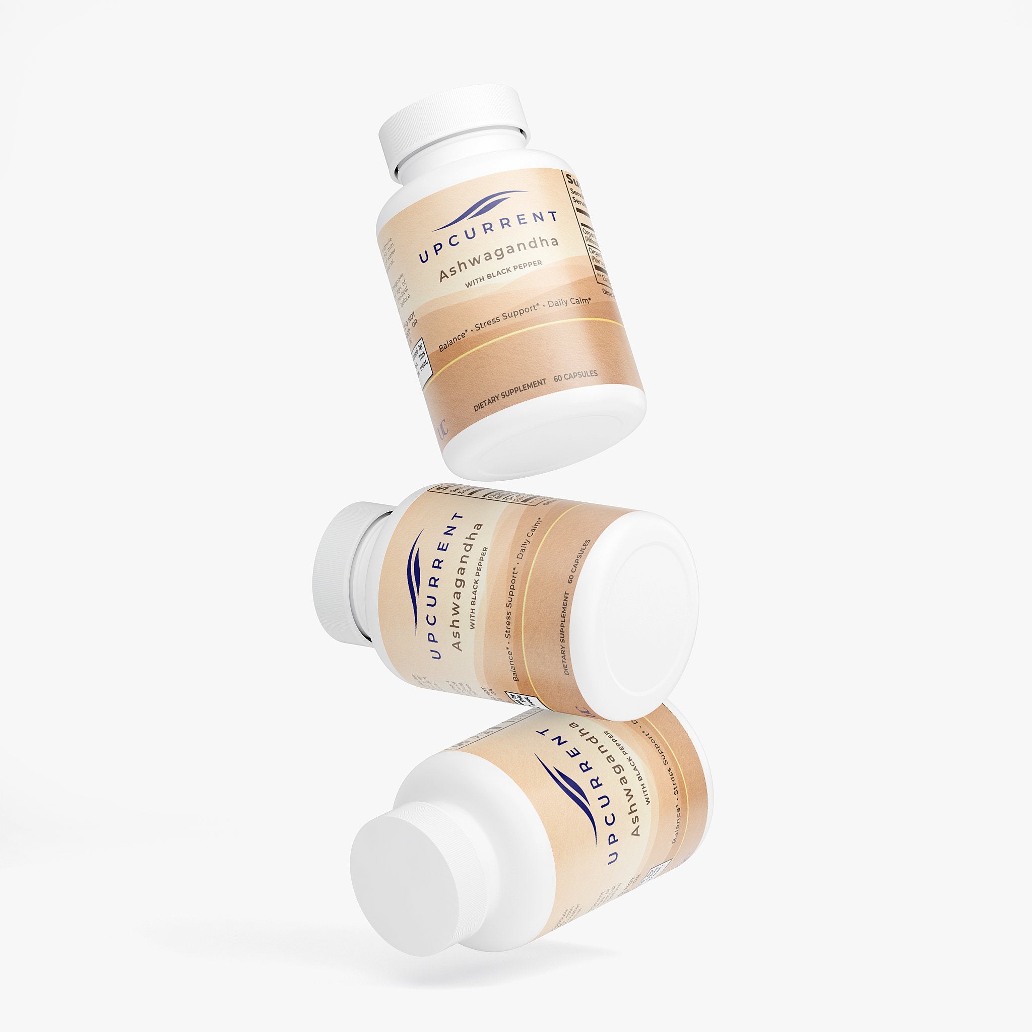 Three bottles of Upcurrent Ashwagandha on a white background