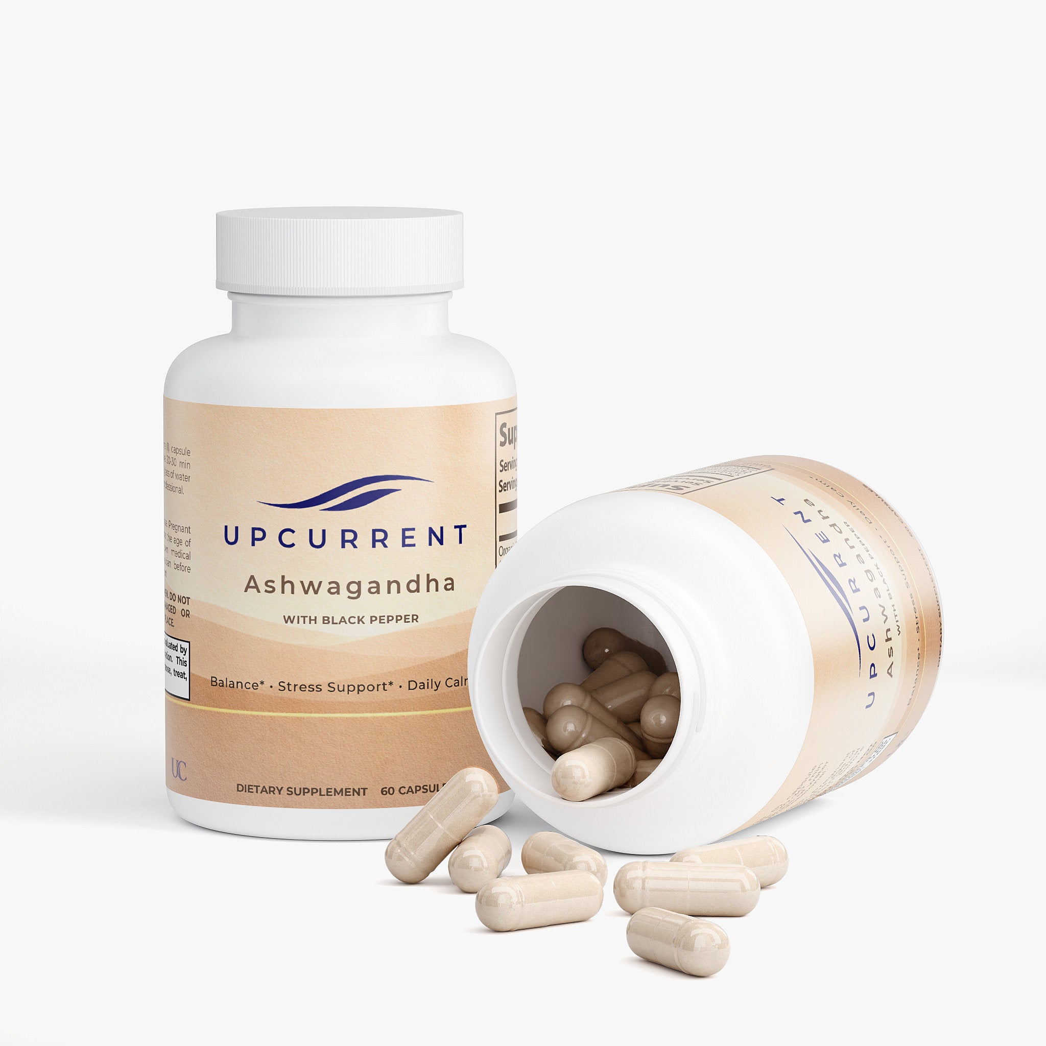 Upcurrent Ashwagandha supplement bottle with open lid showing capsules on a white background