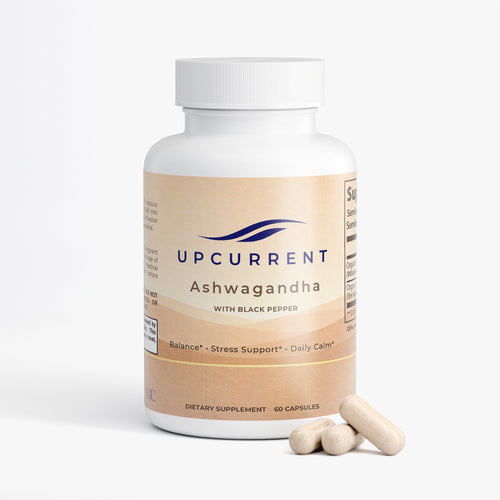 Upcurrent Ashwagandha dietary supplement bottle with capsules on a white background