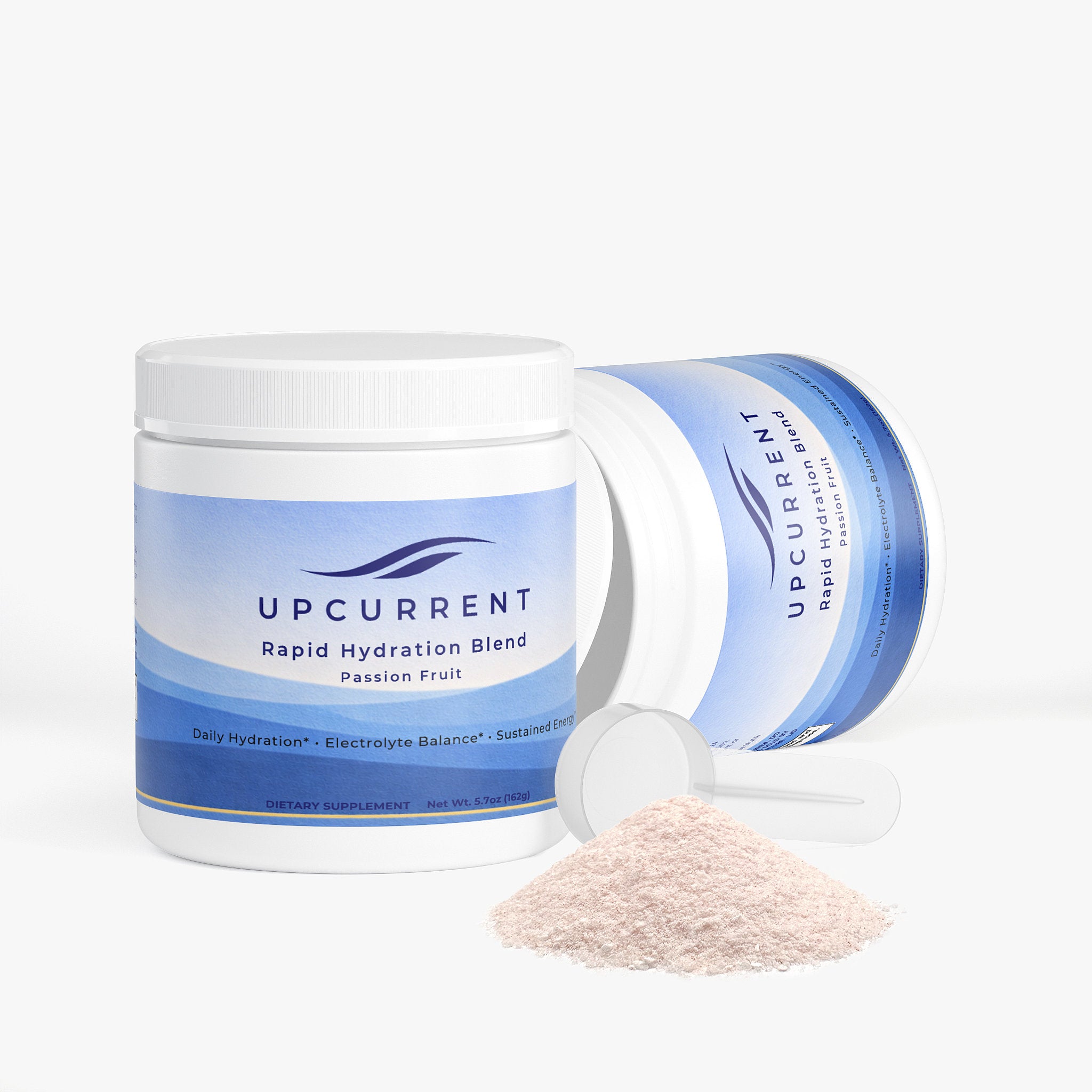 Upcurrent Rapid Hydration Blend container with powder on a white background