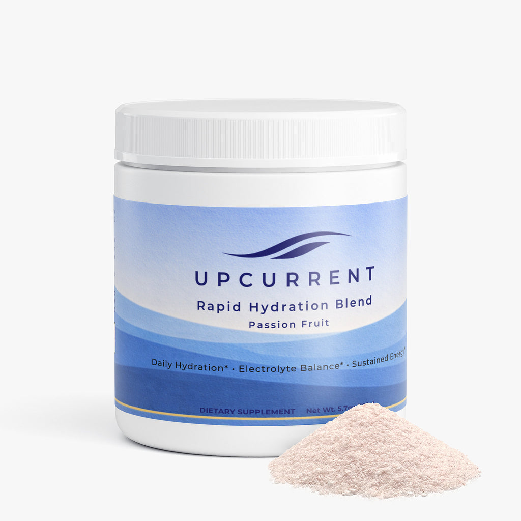 Upcurrent Rapid Hydration Blend container with powder on a white background
