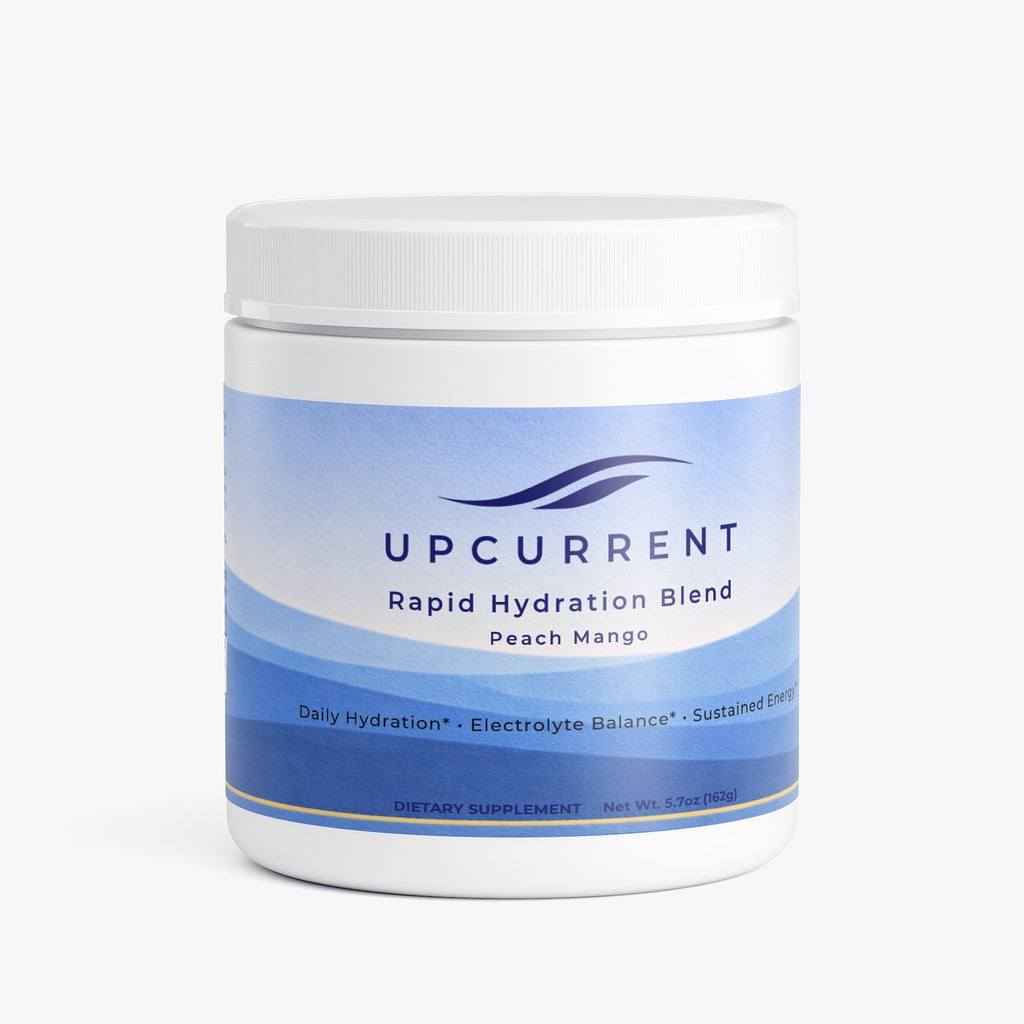 Upcurrent Rapid Hydration Blend Peach Mango supplement container on a white background