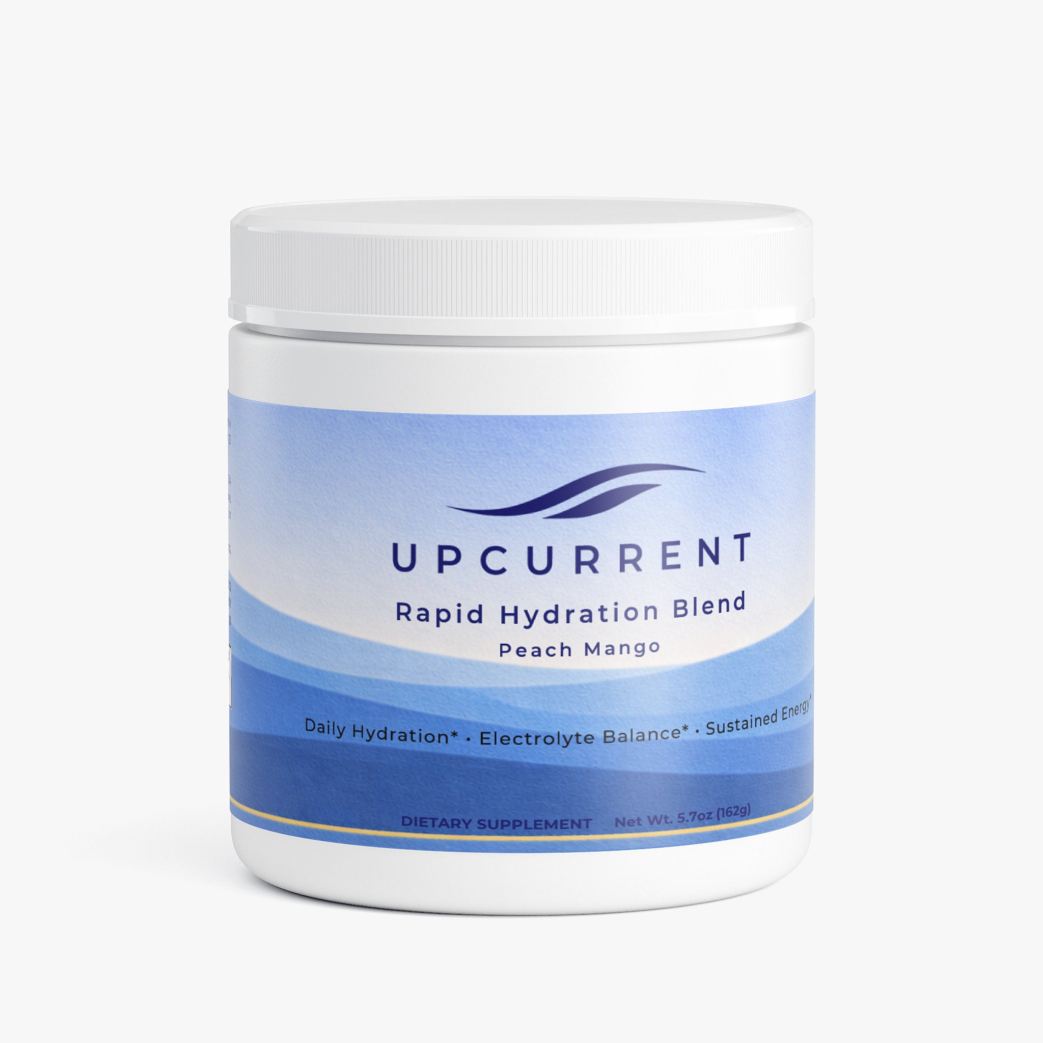 Upcurrent Rapid Hydration Blend Peach Mango supplement container on a white background