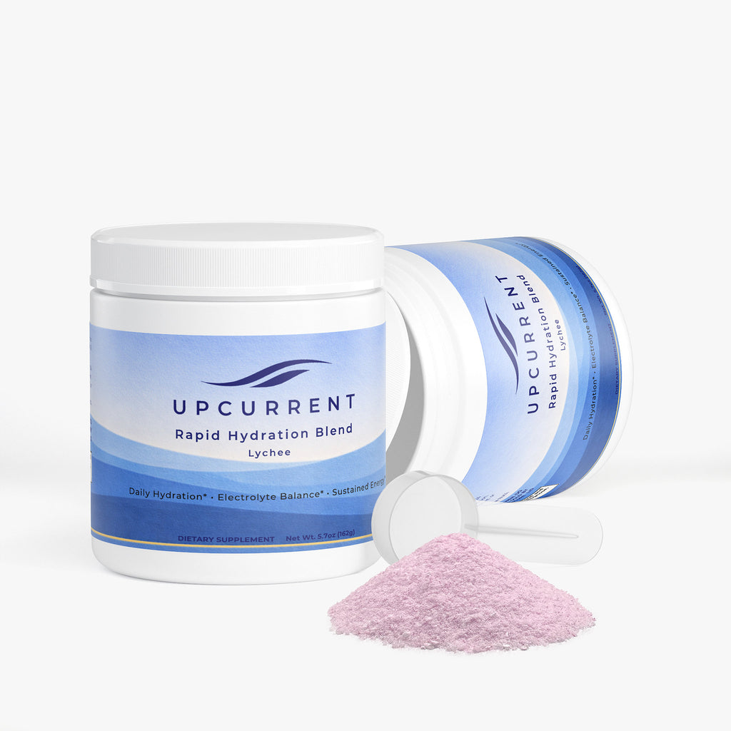 Upcurrent Rapid Hydration Blend container with pink powder on a white background