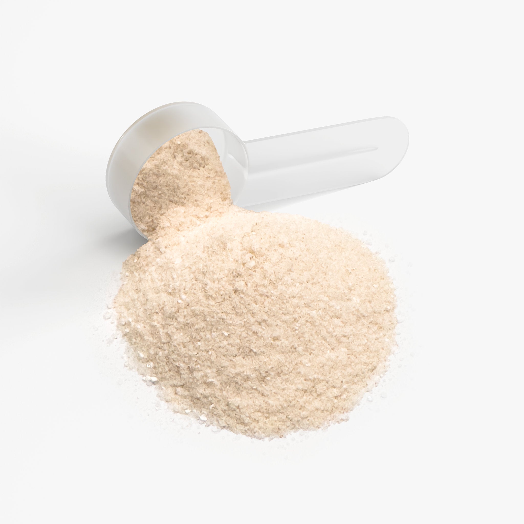White scoop filled with Upcurrent Rapid Hydration Blend Lemonade powder on a white background