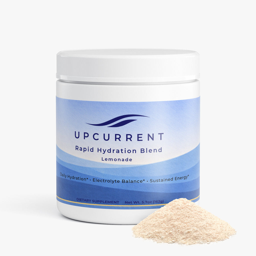 UPCURRENT Rapid Hydration Blend container with powder on a white background