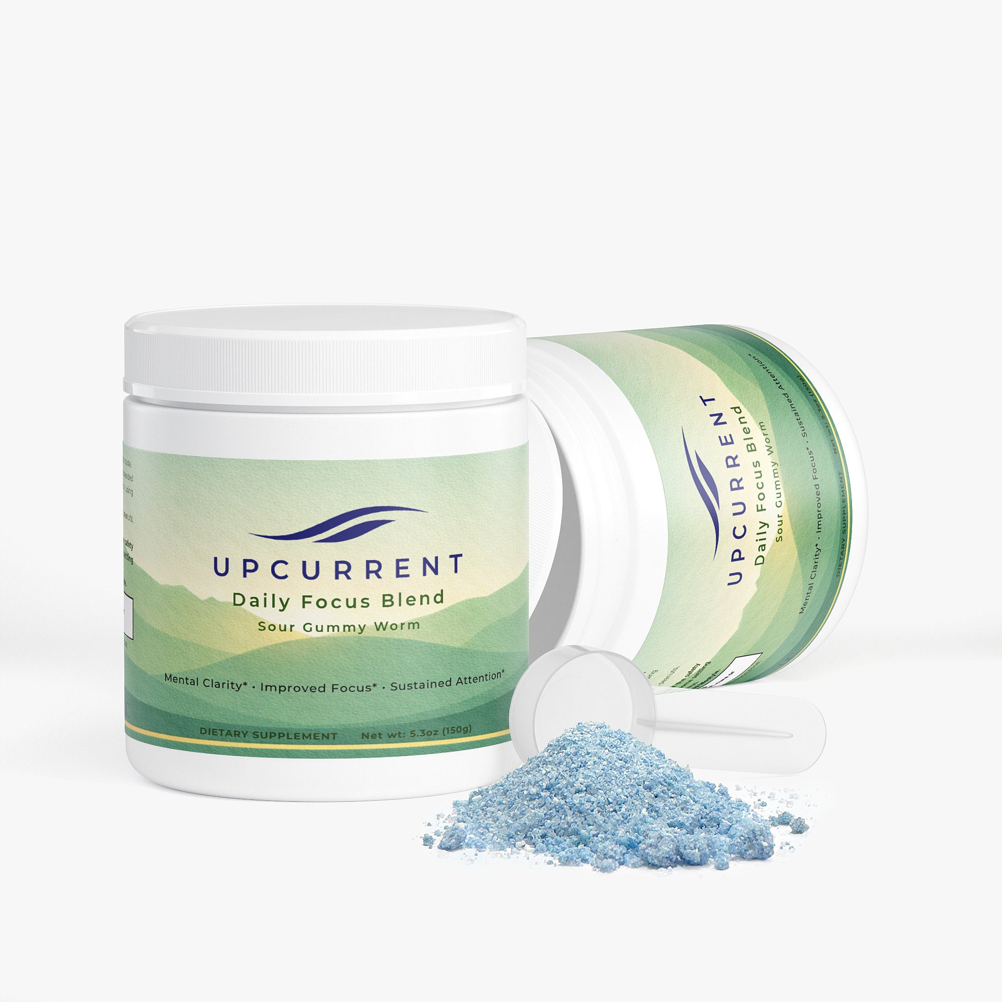Upcurrent Daily Focus Blend container with blue powder on a white background