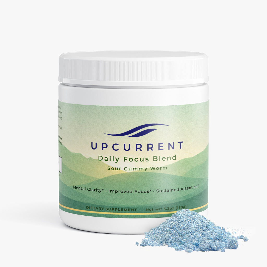 Upcurrent Daily Focus Blend container with blue powder on a white background