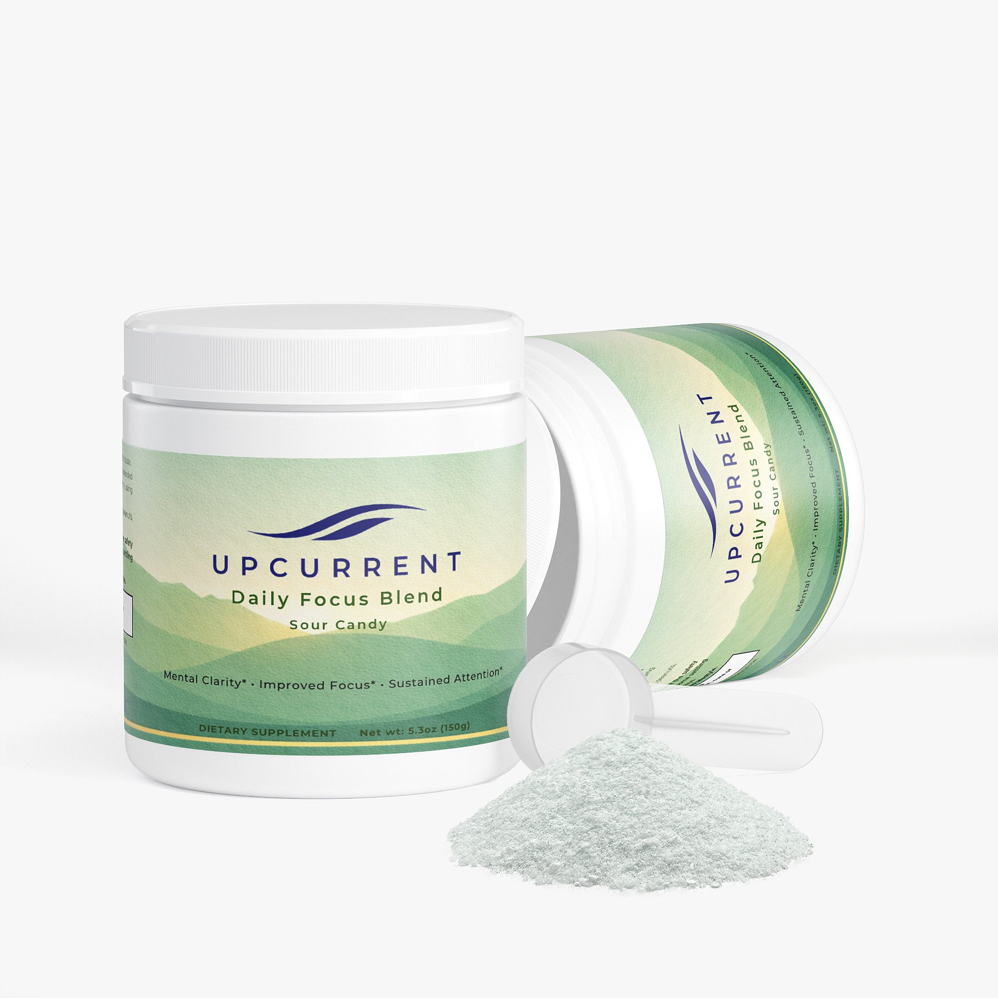Upcurrent Daily Focus Blend container with scoop on a white background