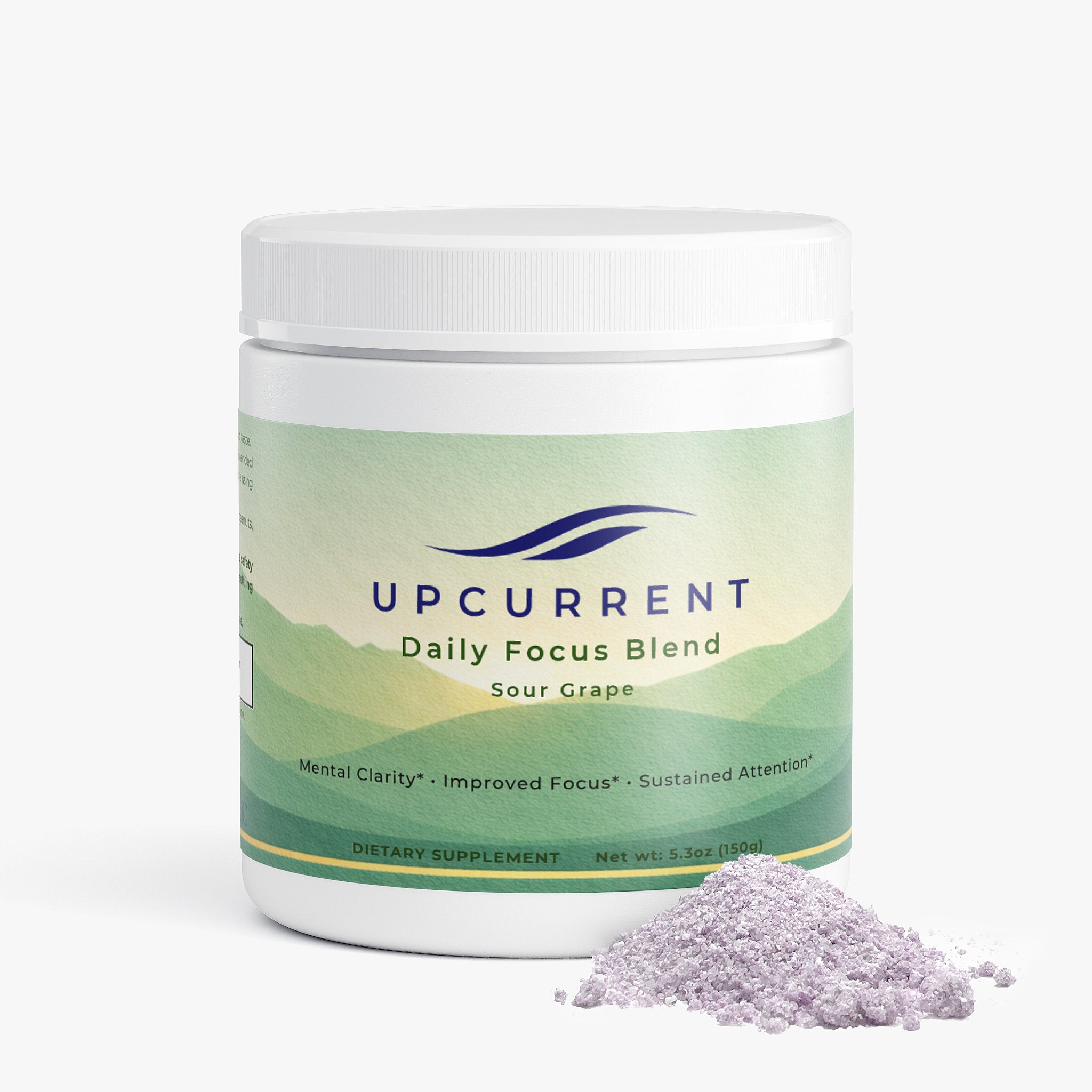 Upcurrent Daily Focus Blend container with purple powder on a white background