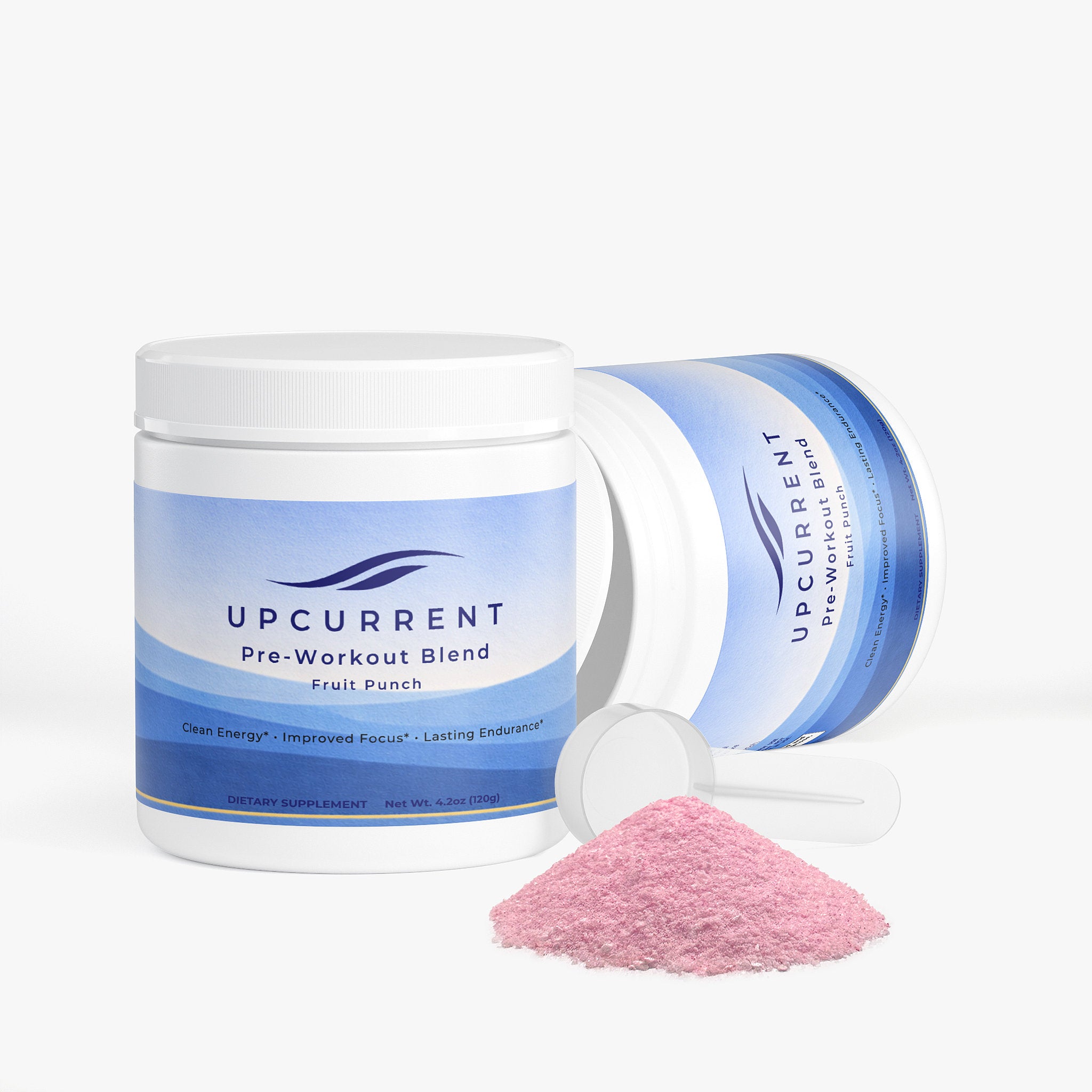 Upcurrent pre-workout blend container with scoop and powder on a white background