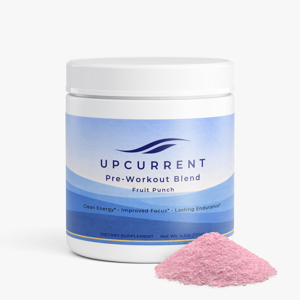 Upcurrent pre-workout blend container with pink powder on a white background