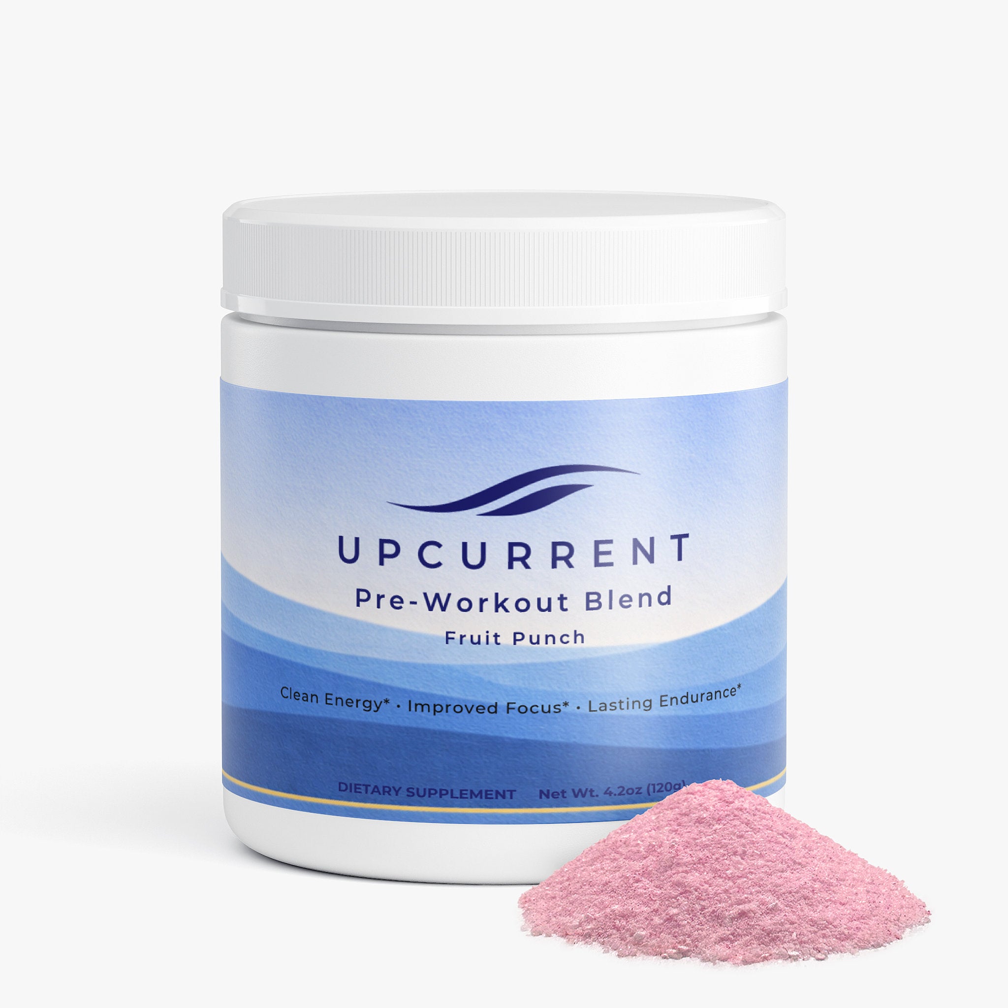 Upcurrent pre-workout blend container with pink powder on a white background