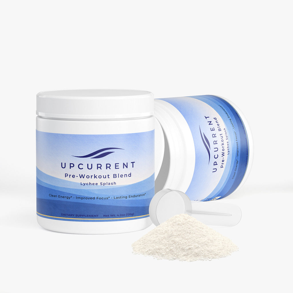 Upcurrent pre-workout blend container with powder spilling out on a white background
