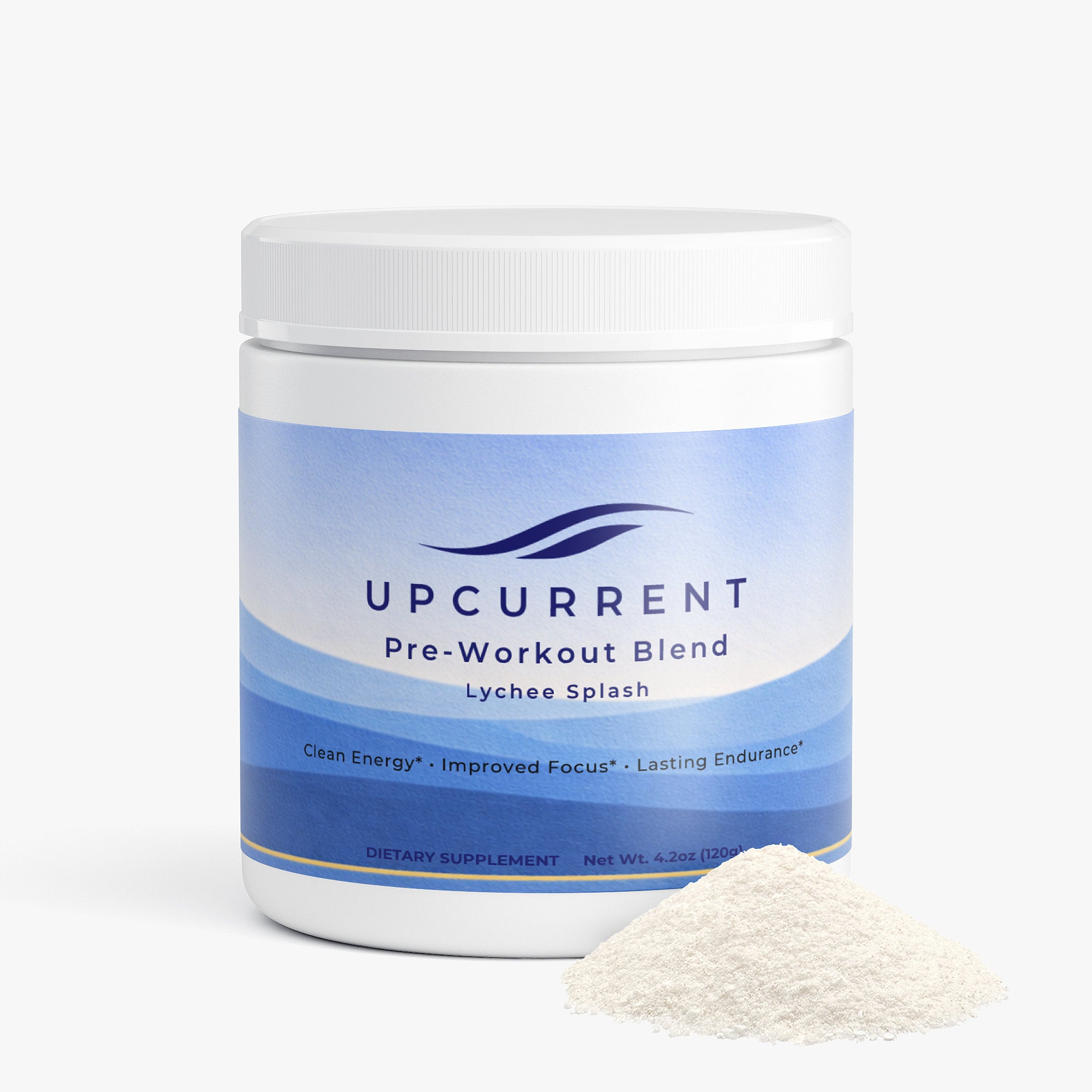 Upcurrent pre-workout blend container with powder on a white background