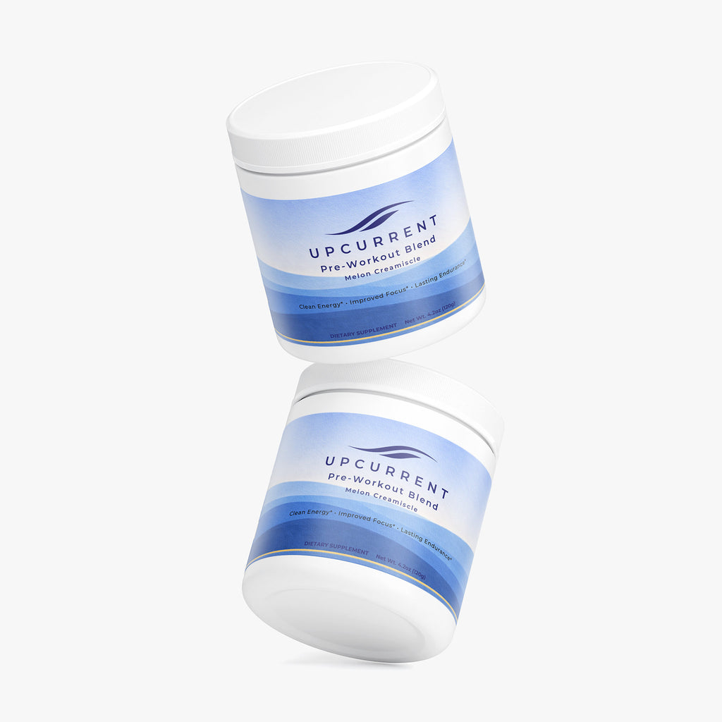 Two containers of UpCurrent pre-workout blend on a white background