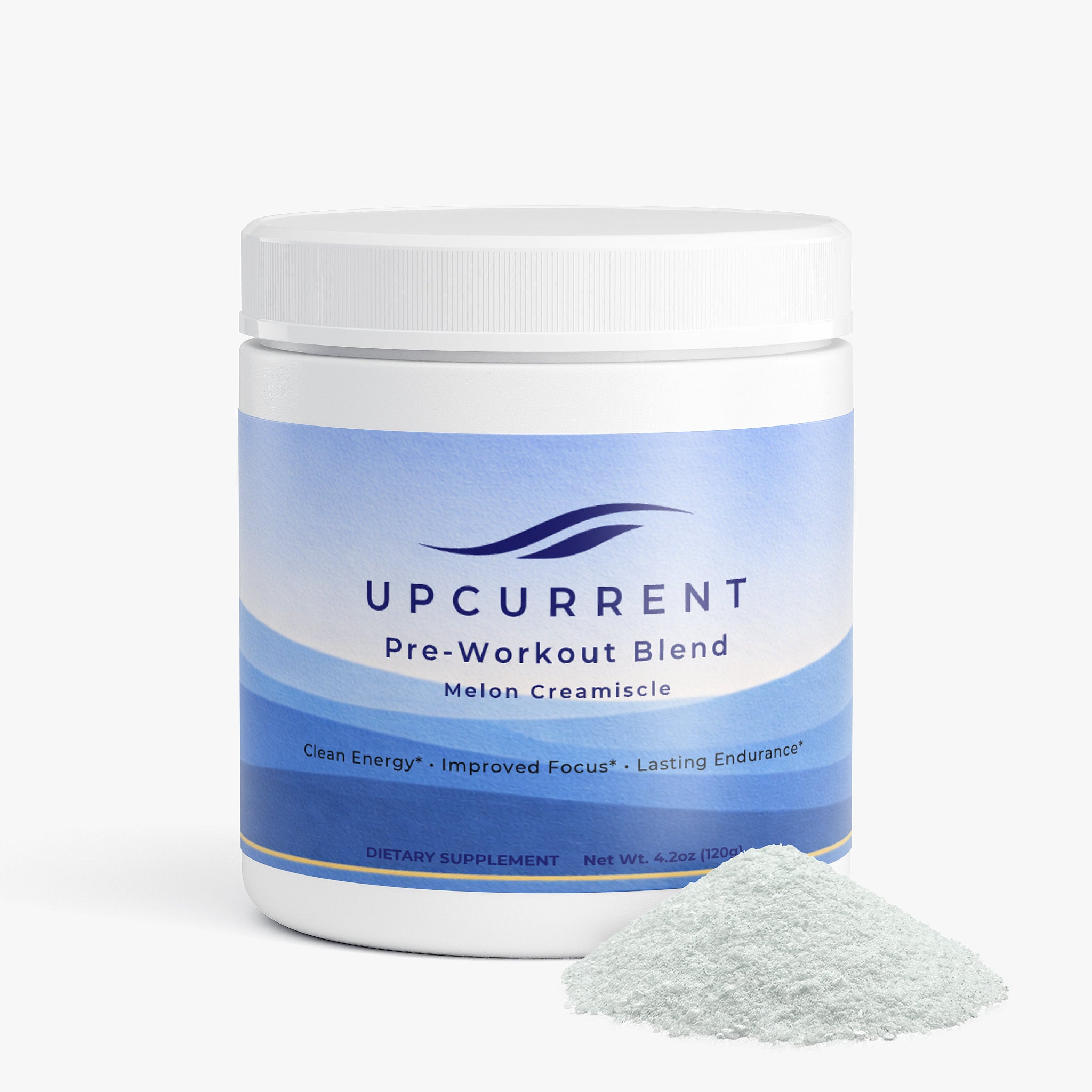 Upcurrent pre-workout blend container with powder on a white background