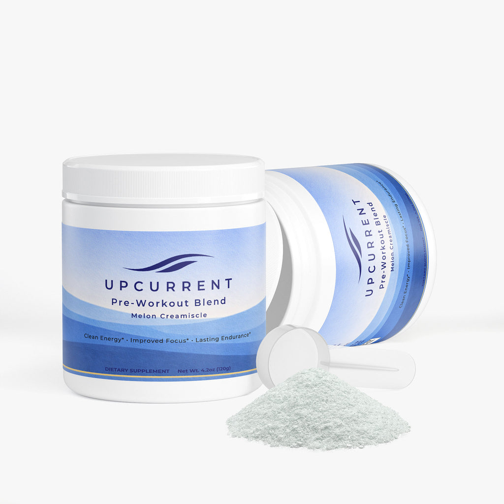 Upcurrent pre-workout blend container with scoop on a white background