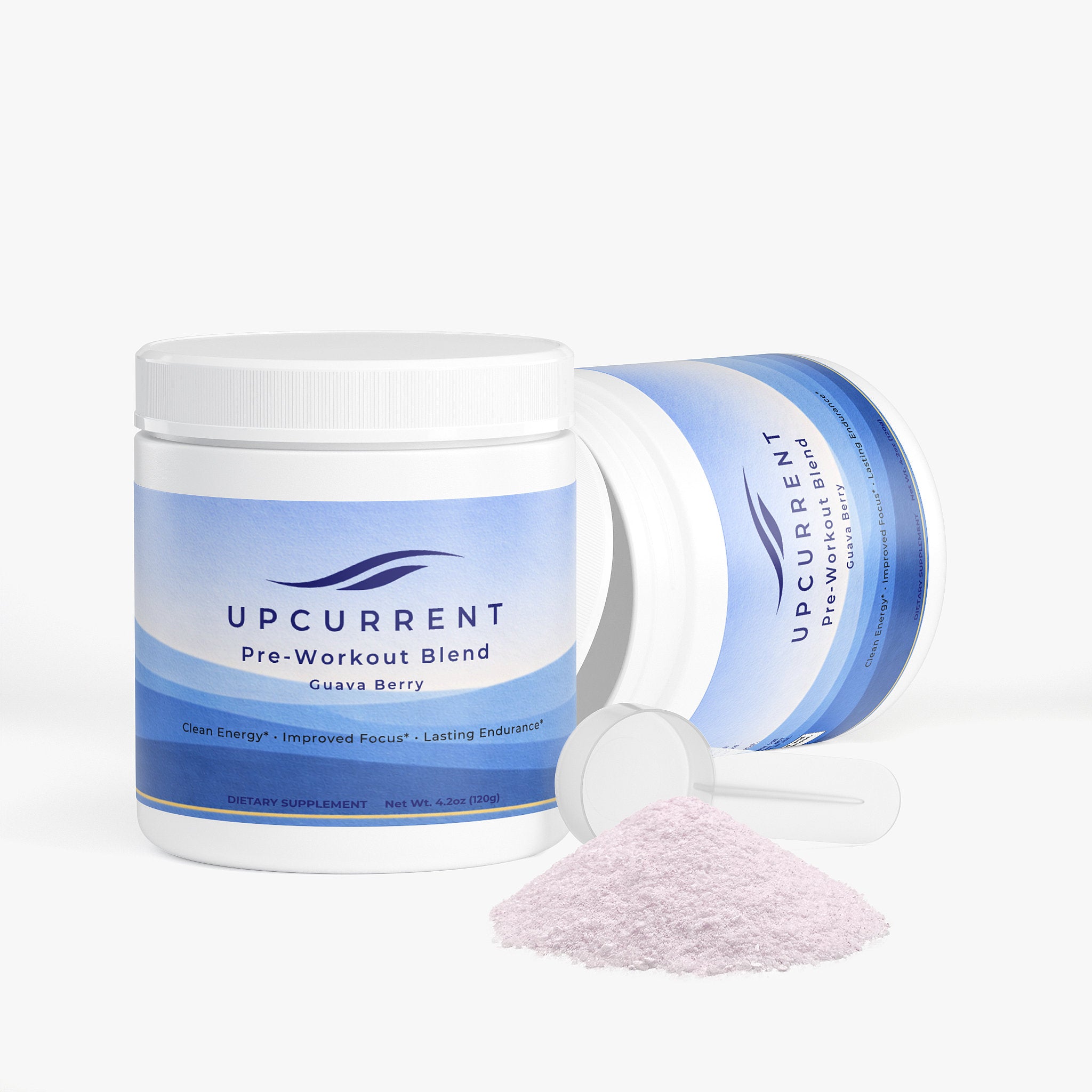 Upcurrent pre-workout blend container with open lid on a white background
