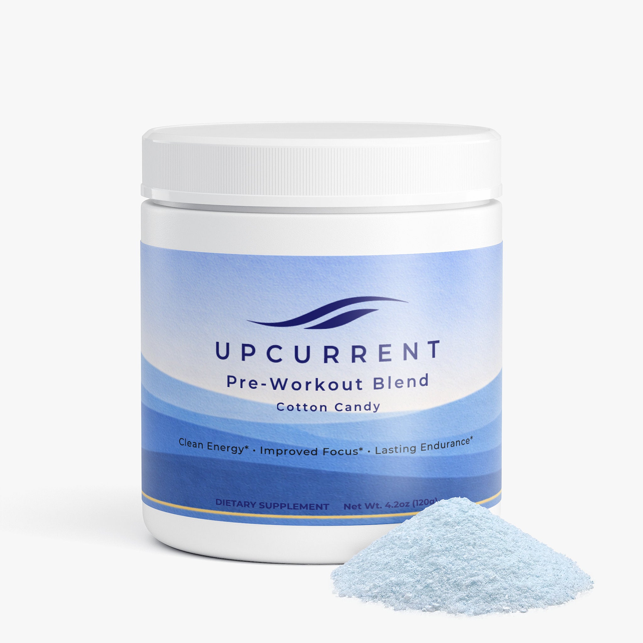 Upcurrent pre-workout blend container with cotton candy flavor on a white background