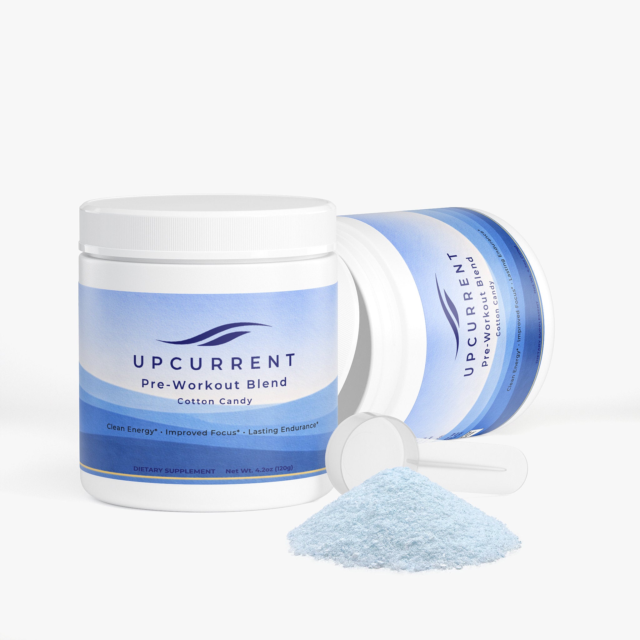 Upcurrent pre-workout blend container with scoop and powder on a white background
