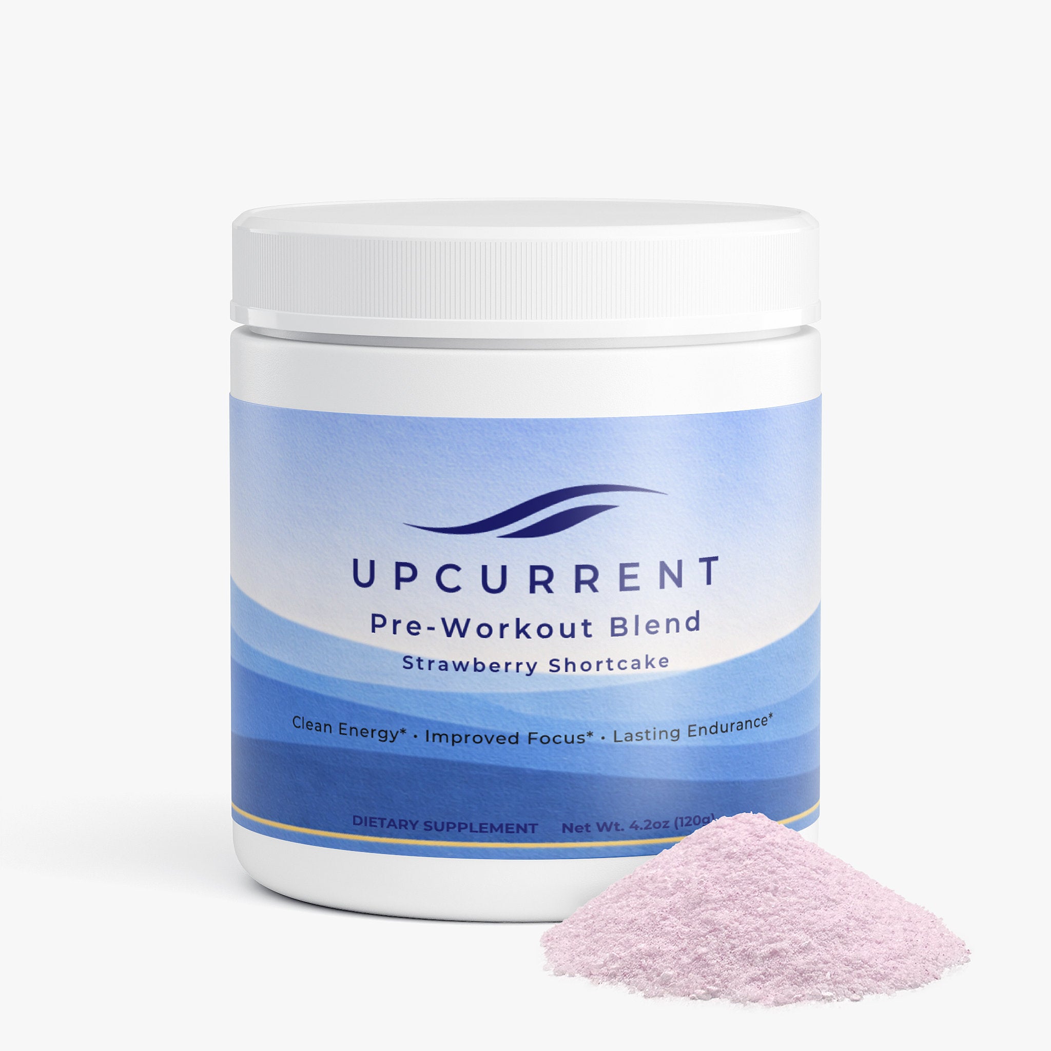 Upcurrent Pre-Workout Blend Strawberry Shortcake container with powder on a white background