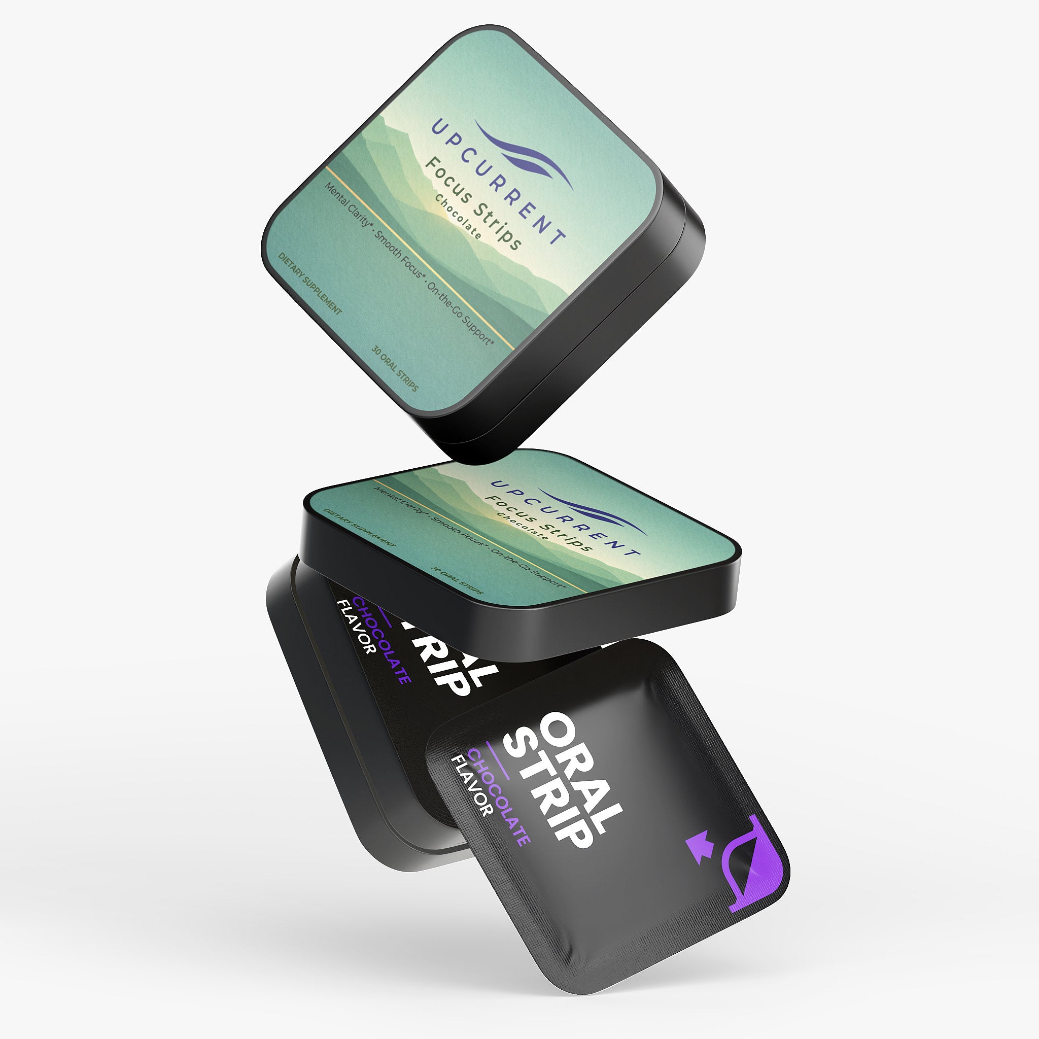 Three rectangular containers of Upcurrent Focus Strips Chocolate flavor on a white background