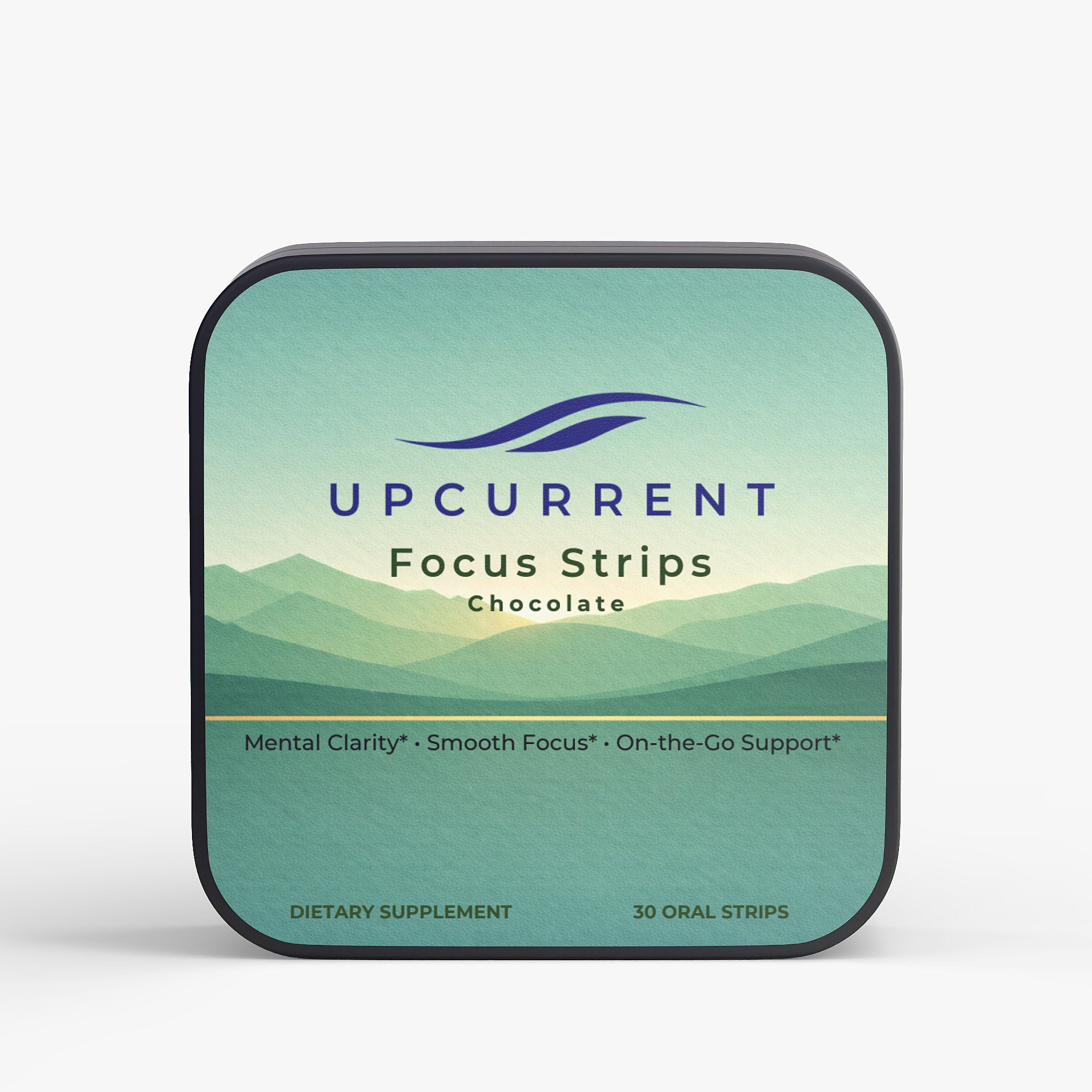 Upcurrent Focus Strips packaging with a scenic design on a white background