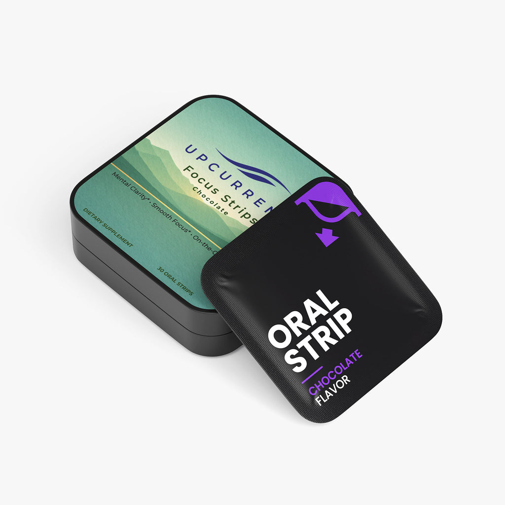 Black container with 'Oral Strip' text and branding on a white background