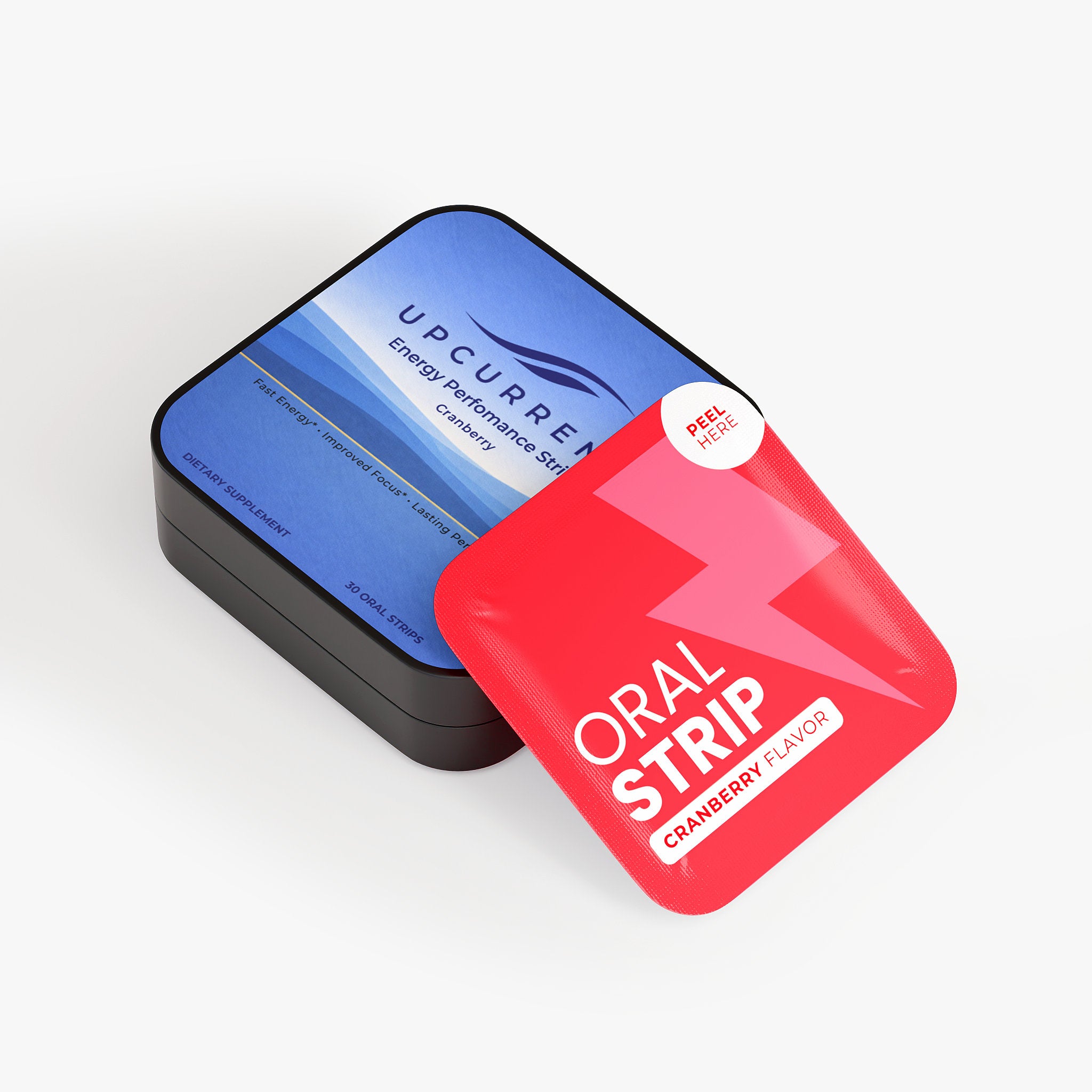 Red and blue packaging of Upcurrent energy performance strips on a white background
