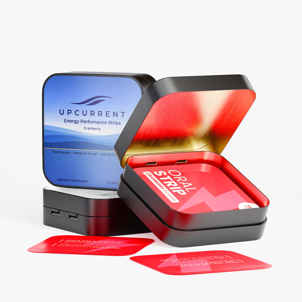 Open black tin with red interior containing UPCURRENT Energy Performance Oral Strips on a white background