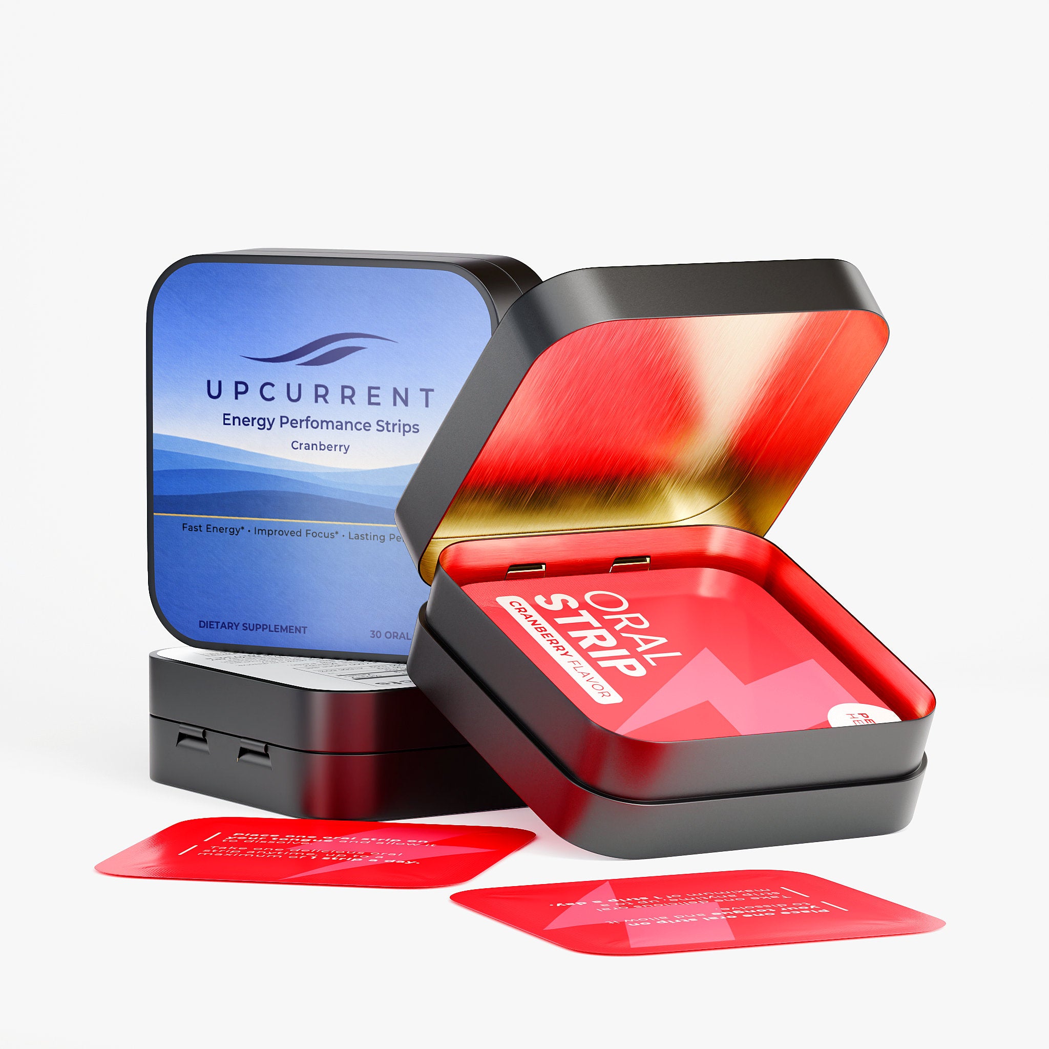 Open black tin with red interior containing UPCURRENT Energy Performance Oral Strips on a white background