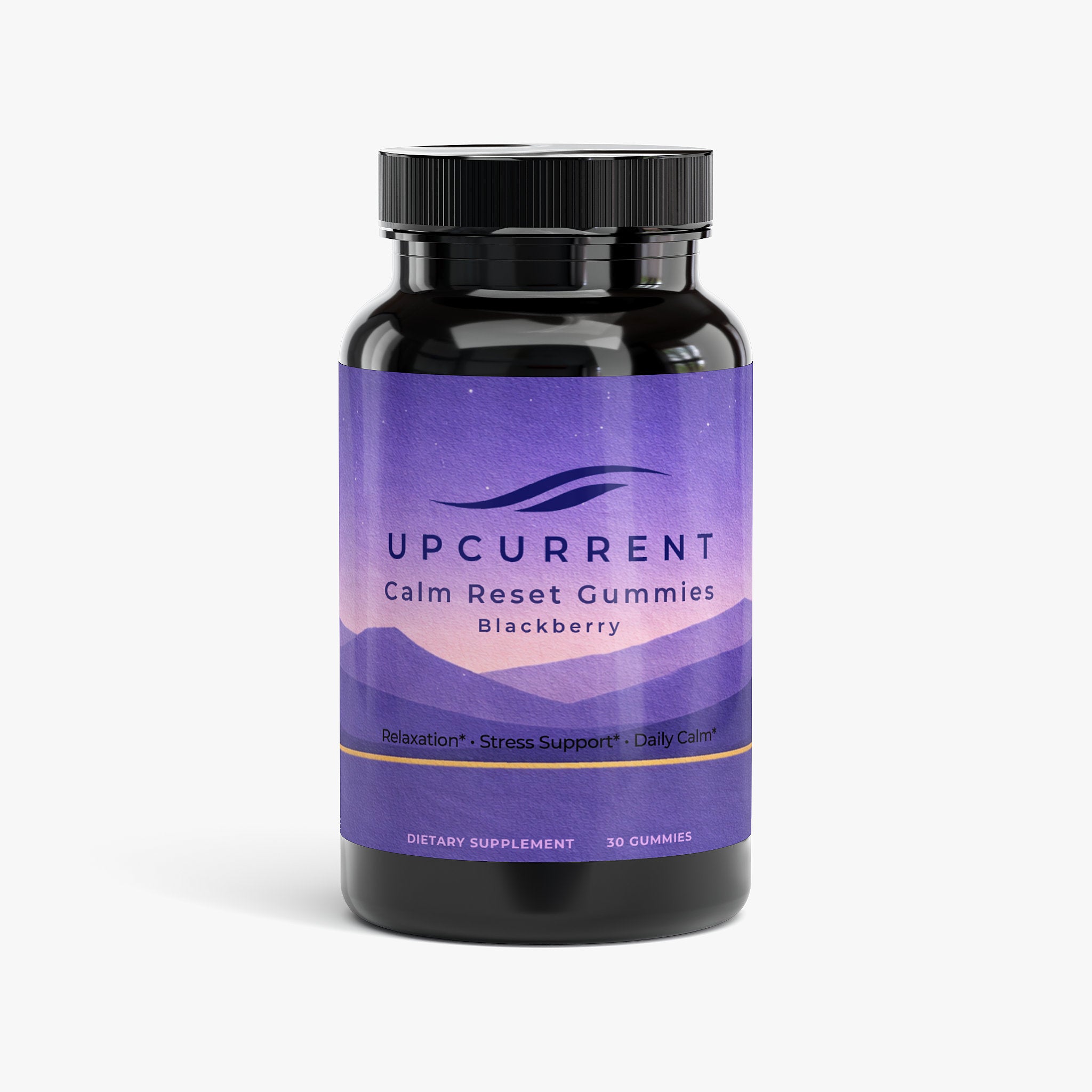 Bottle of Upcurrent Calm Reset Gummies with a purple label on a white background