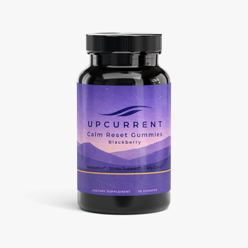 Bottle of Upcurrent Calm Reset Gummies with a purple label on a white background