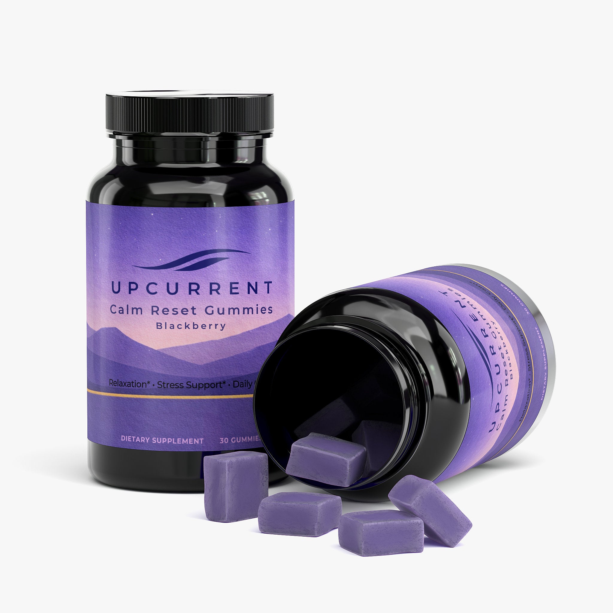 Upcurrent Calm Reset Gummies with blackberry gummies shown outside the bottle