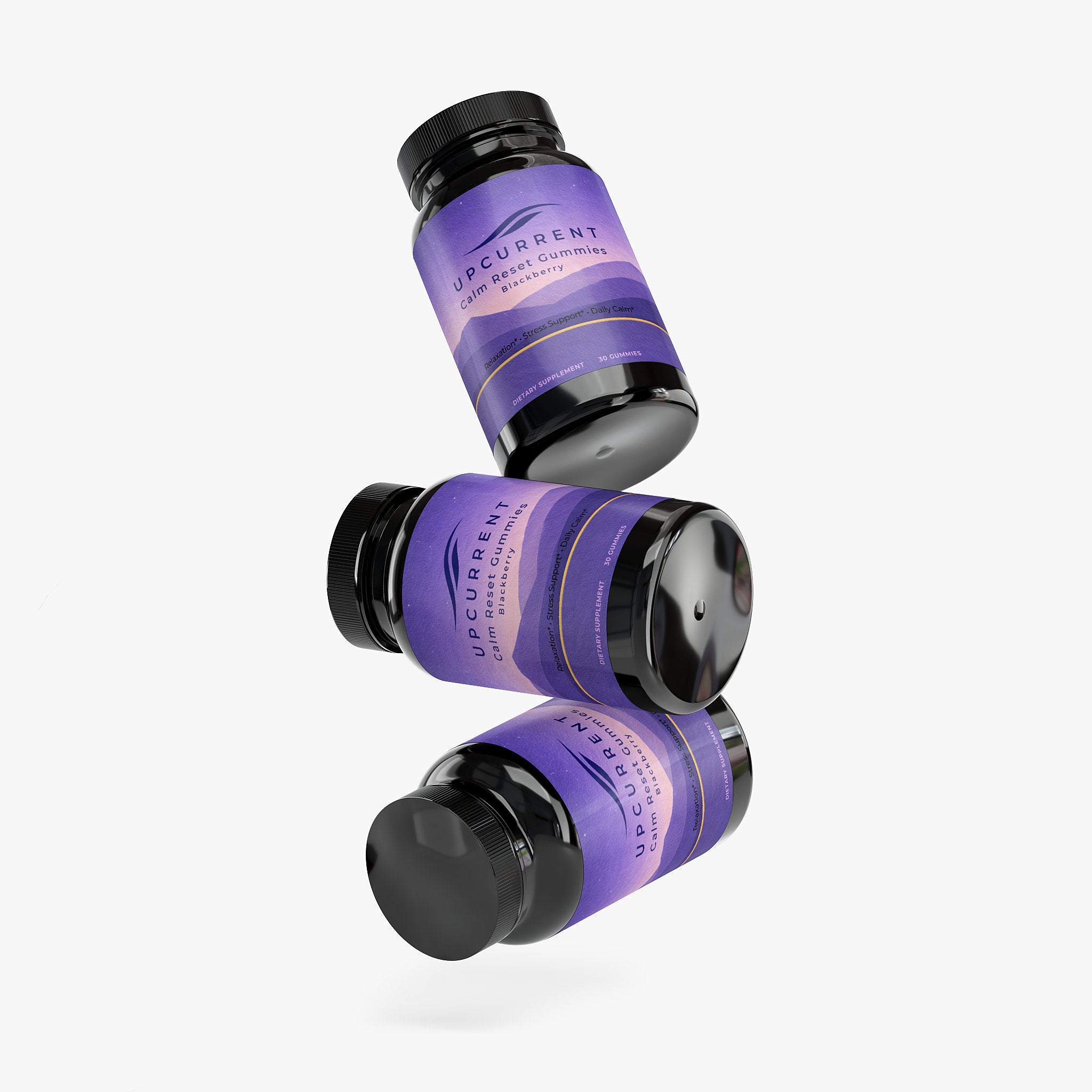 Three bottles of Upcurrent Calm Reset Gummies with blackberry flavor on a white background