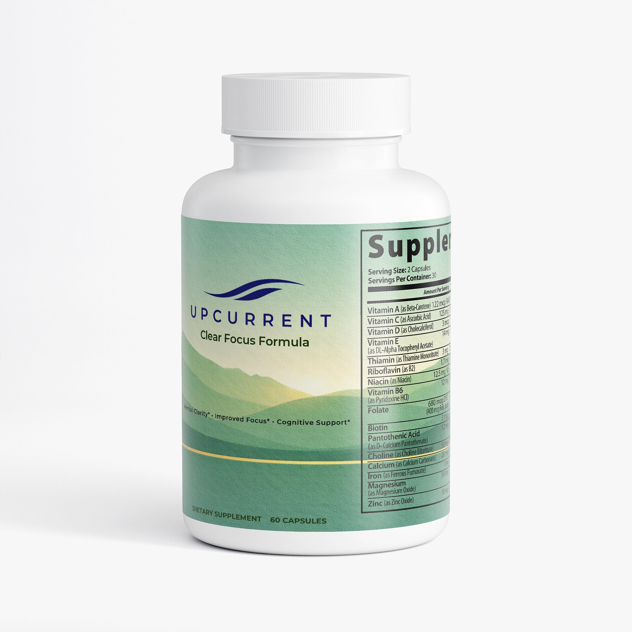 Supplement bottle labeled 'Upcurrent' on a white background