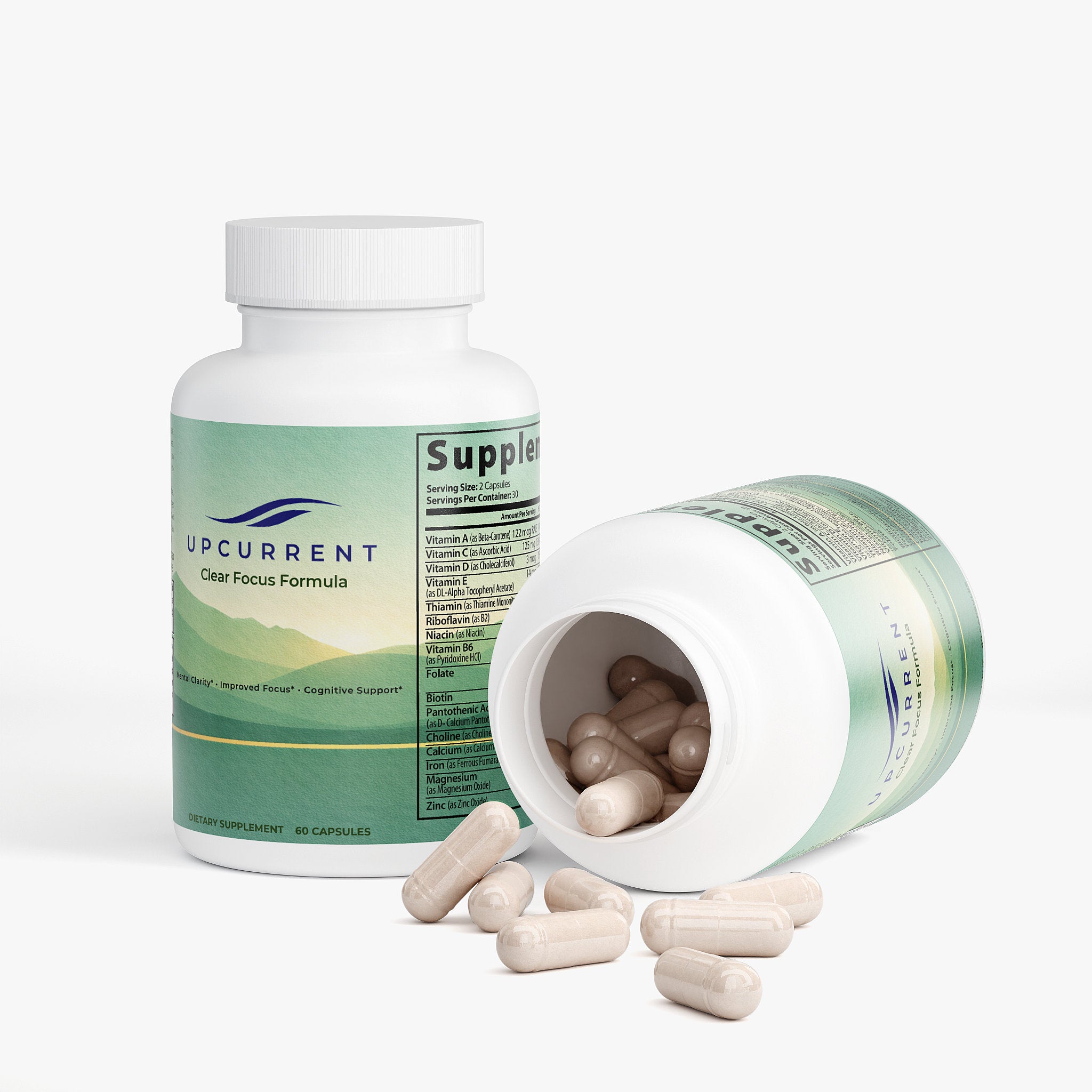 Supplement bottle labeled 'UpCurrent' with open lid showing capsules on a white background