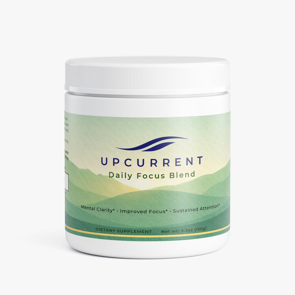 Upcurrent Focus Powder supplement container on a white background
