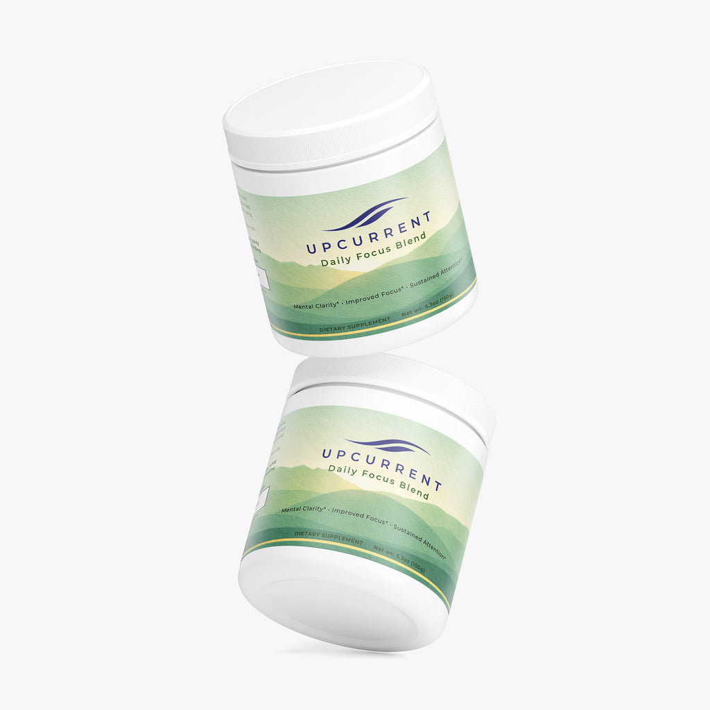 Two containers of Upcurrent Focus Powder on a white background