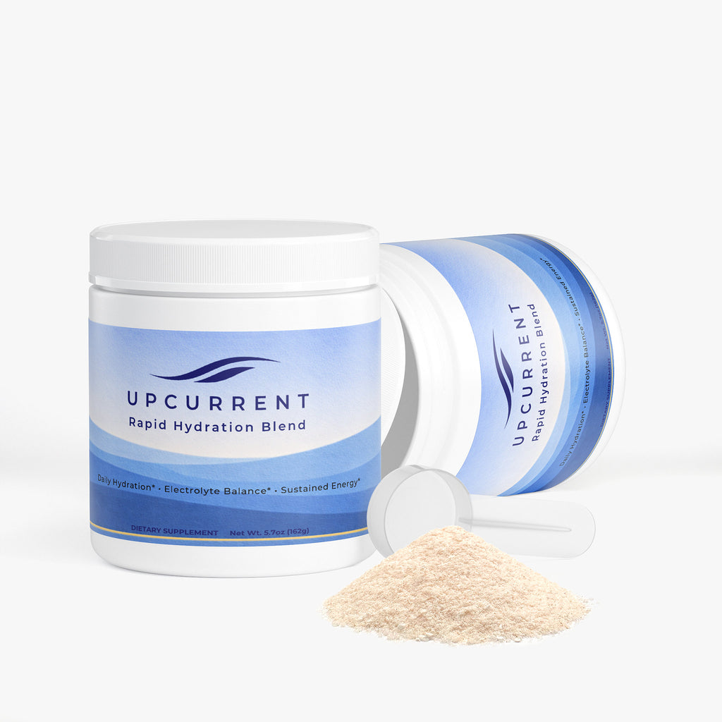 Upcurrent Hydration Powder container with scoop on a white background