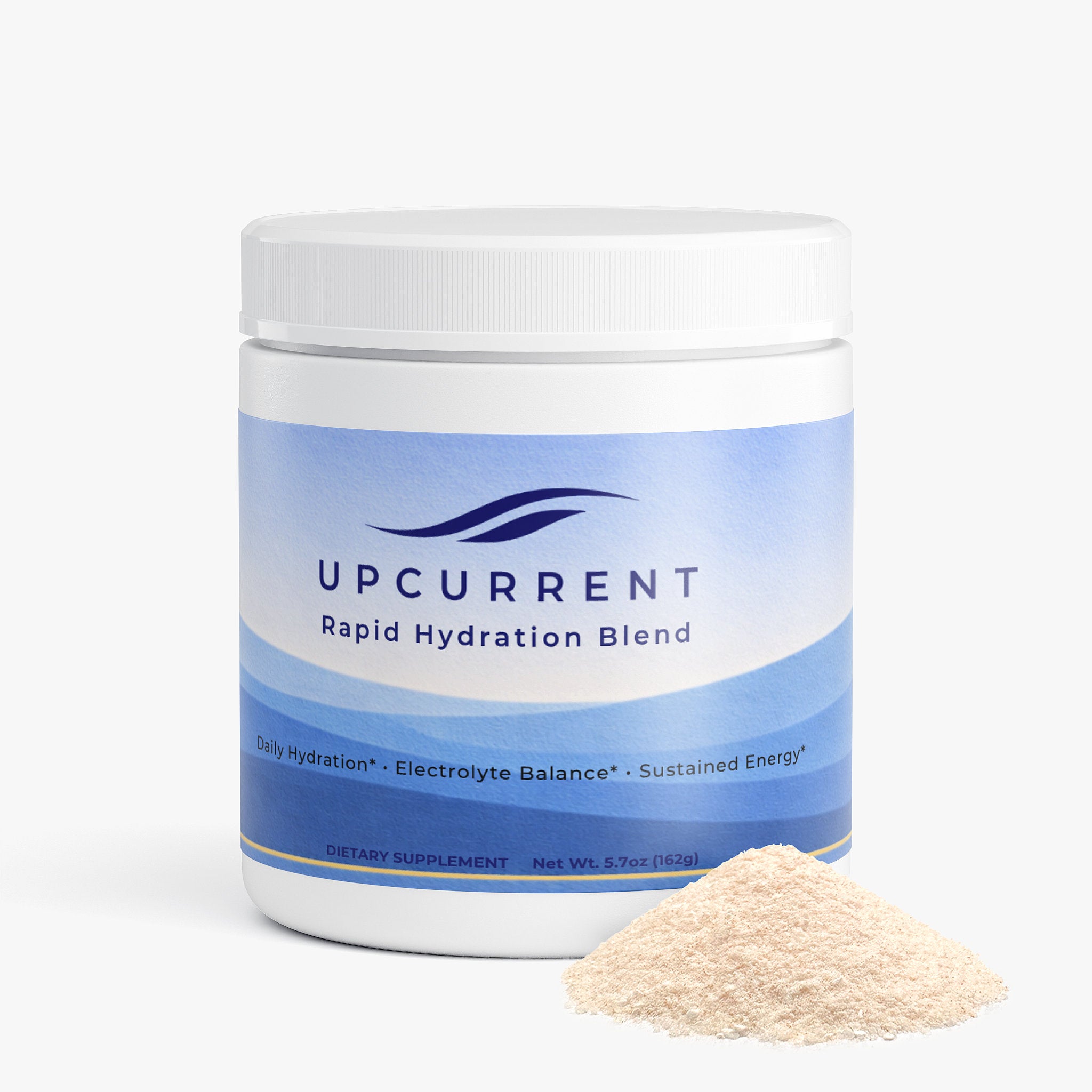 Upcurrent Hydration Powder container with powder on a white background