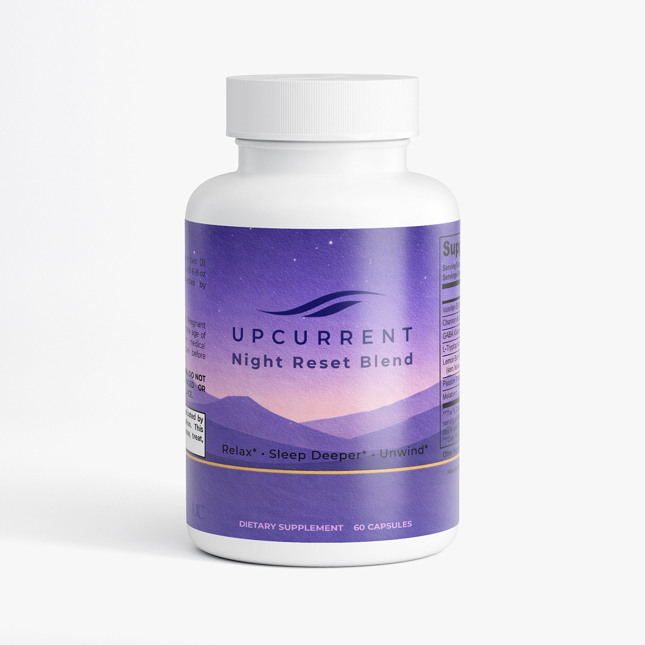 Supplement bottle labeled 'Upcurrent Night Reset Blend' on a white background