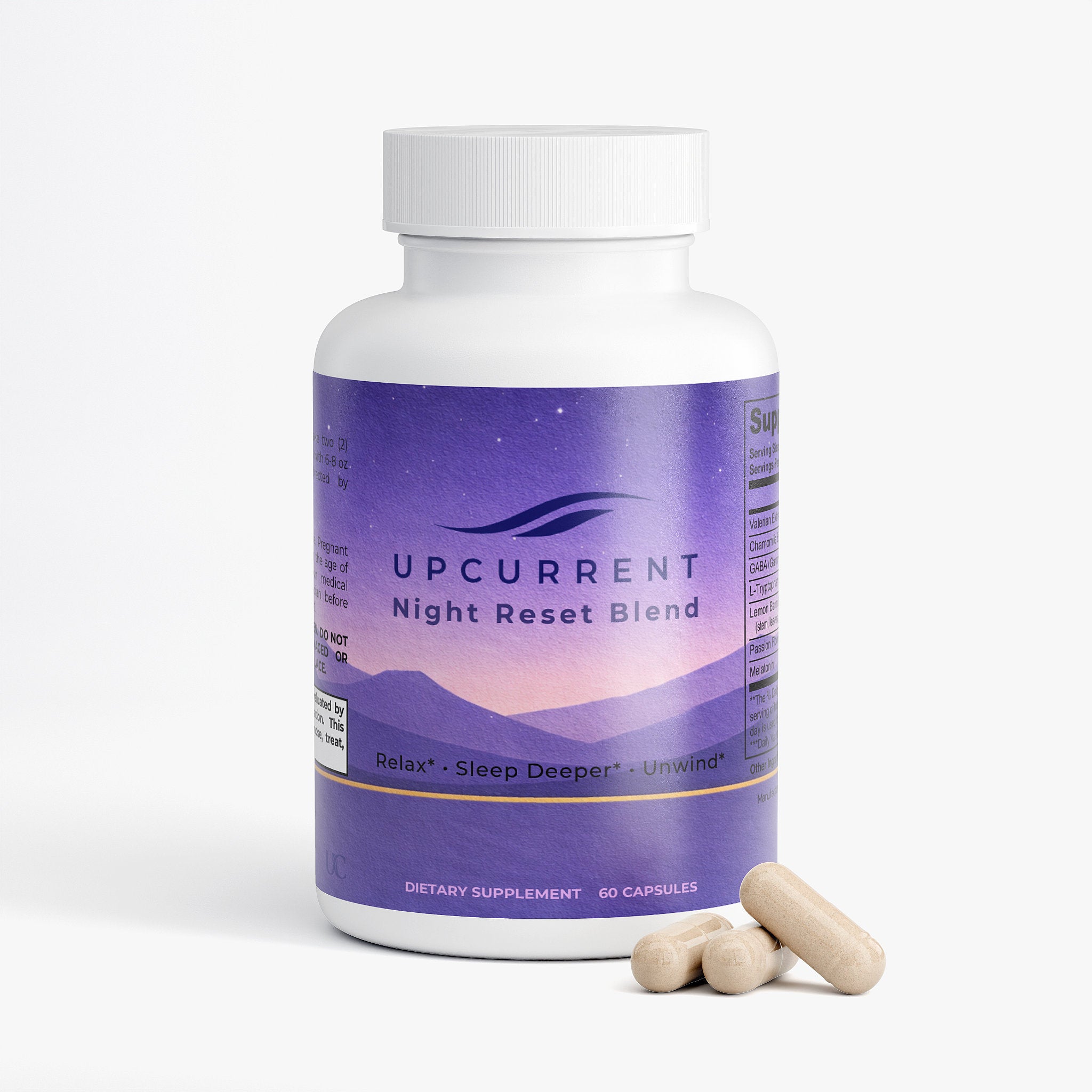Supplement bottle labeled 'Upcurrent Night Reset Blend' with two capsules on a white background