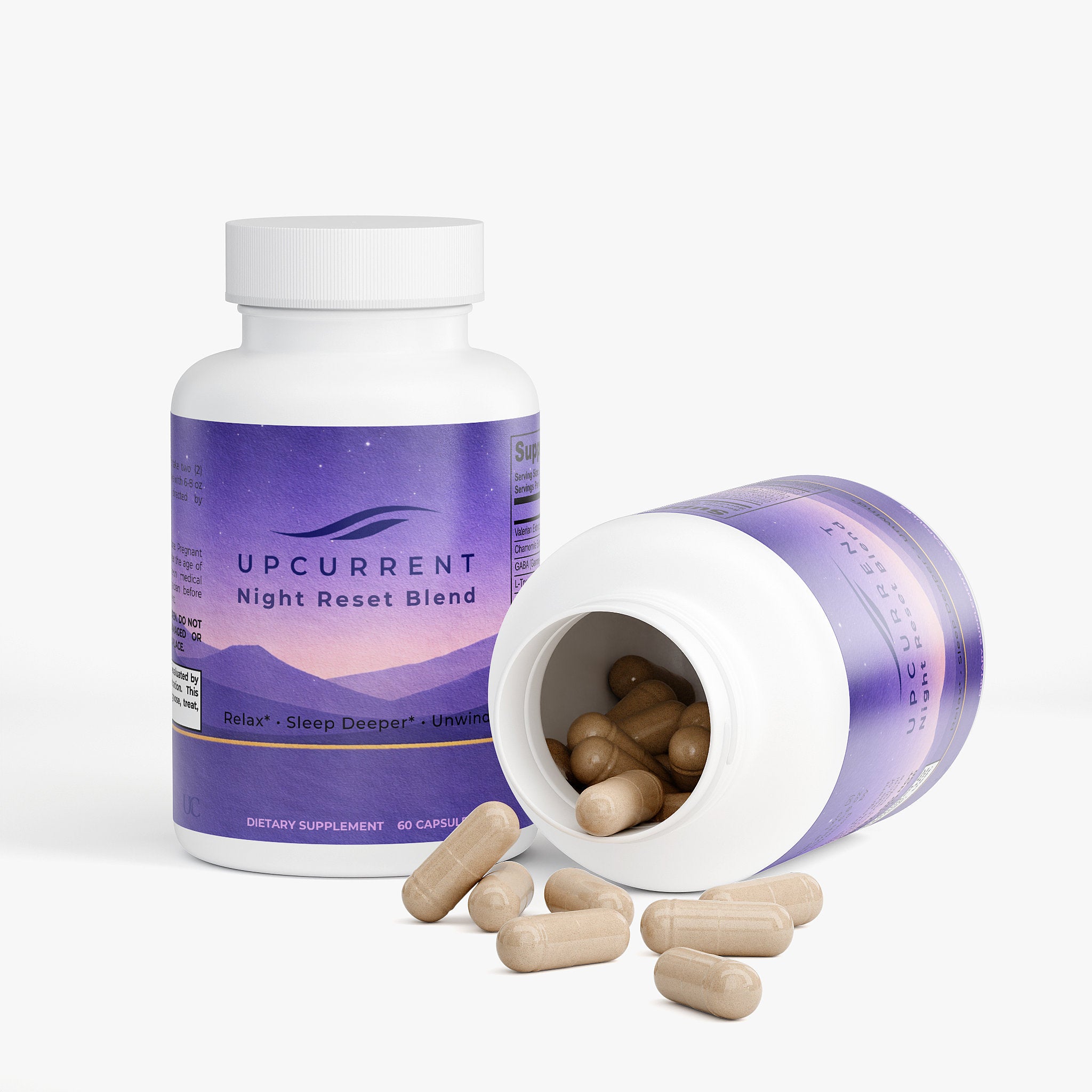 Supplement bottle labeled 'Upcurrent Night Reset Blend' with open lid showing capsules on a white background